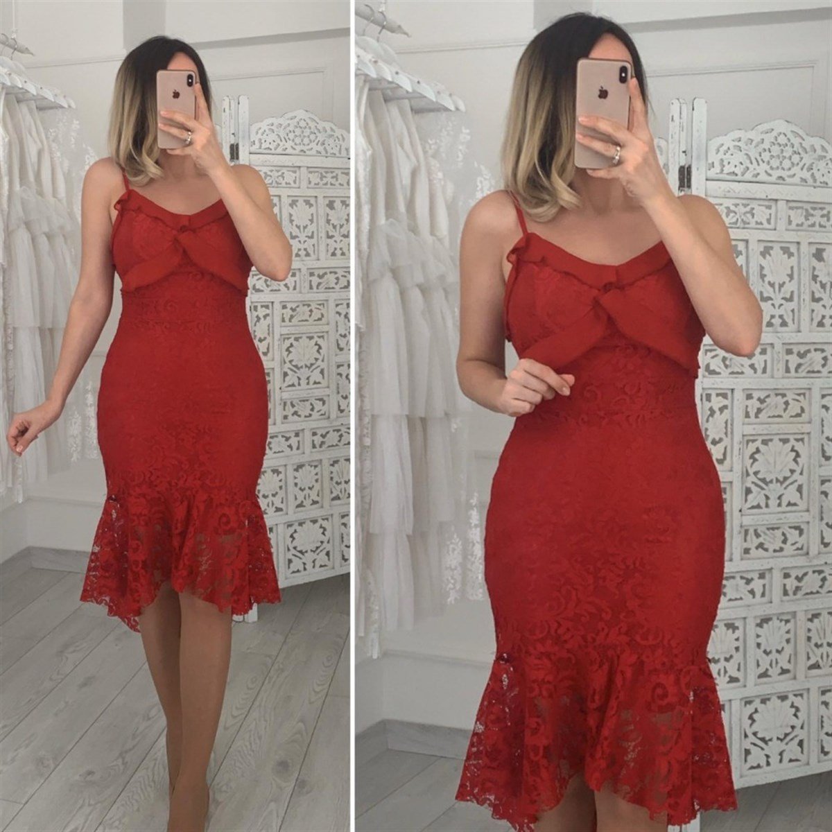 Askılı Dantel Detay Elbise - BORDO