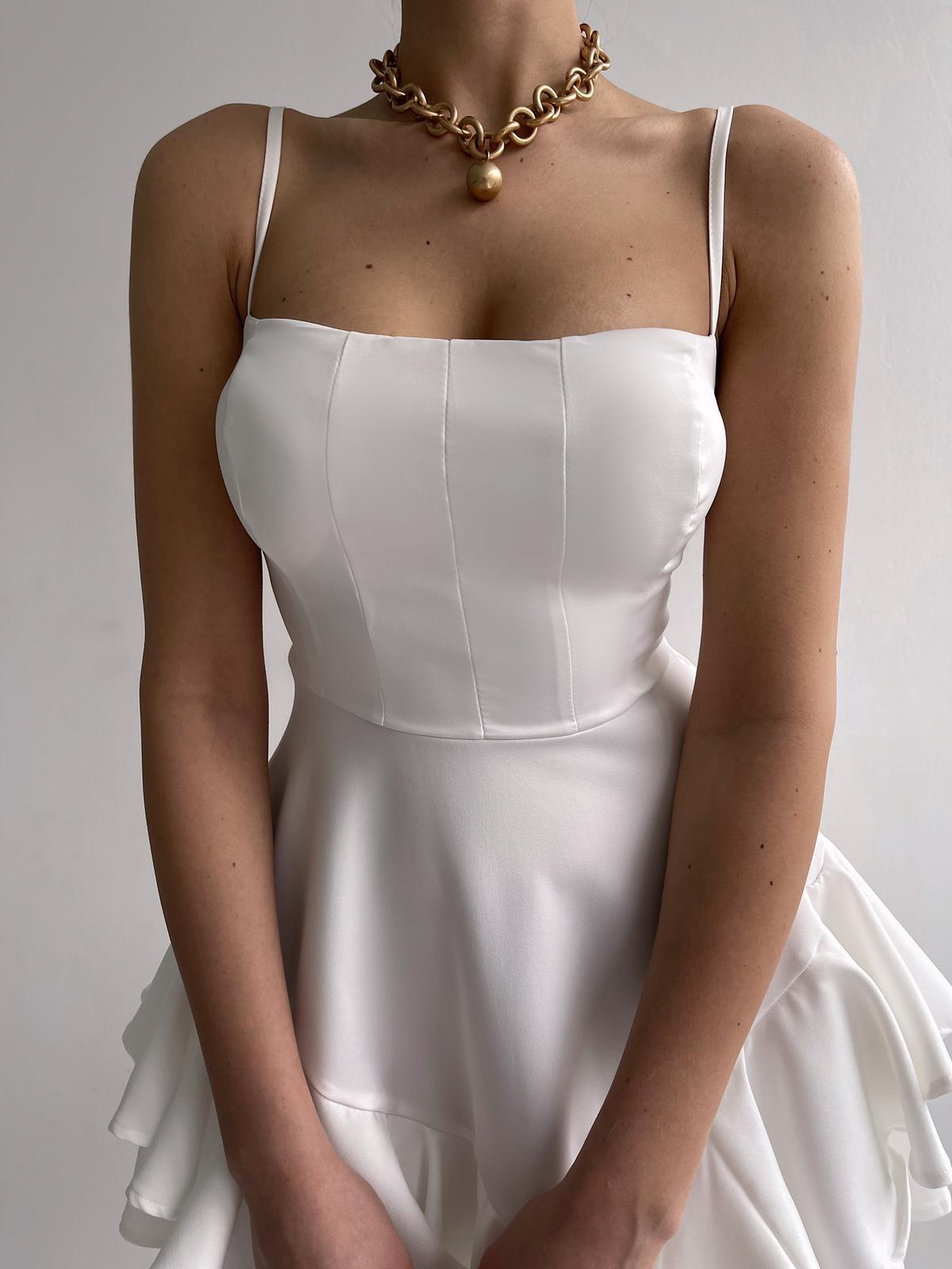 Askılı Etek Kat Kat Prenses Elbise - BEYAZ