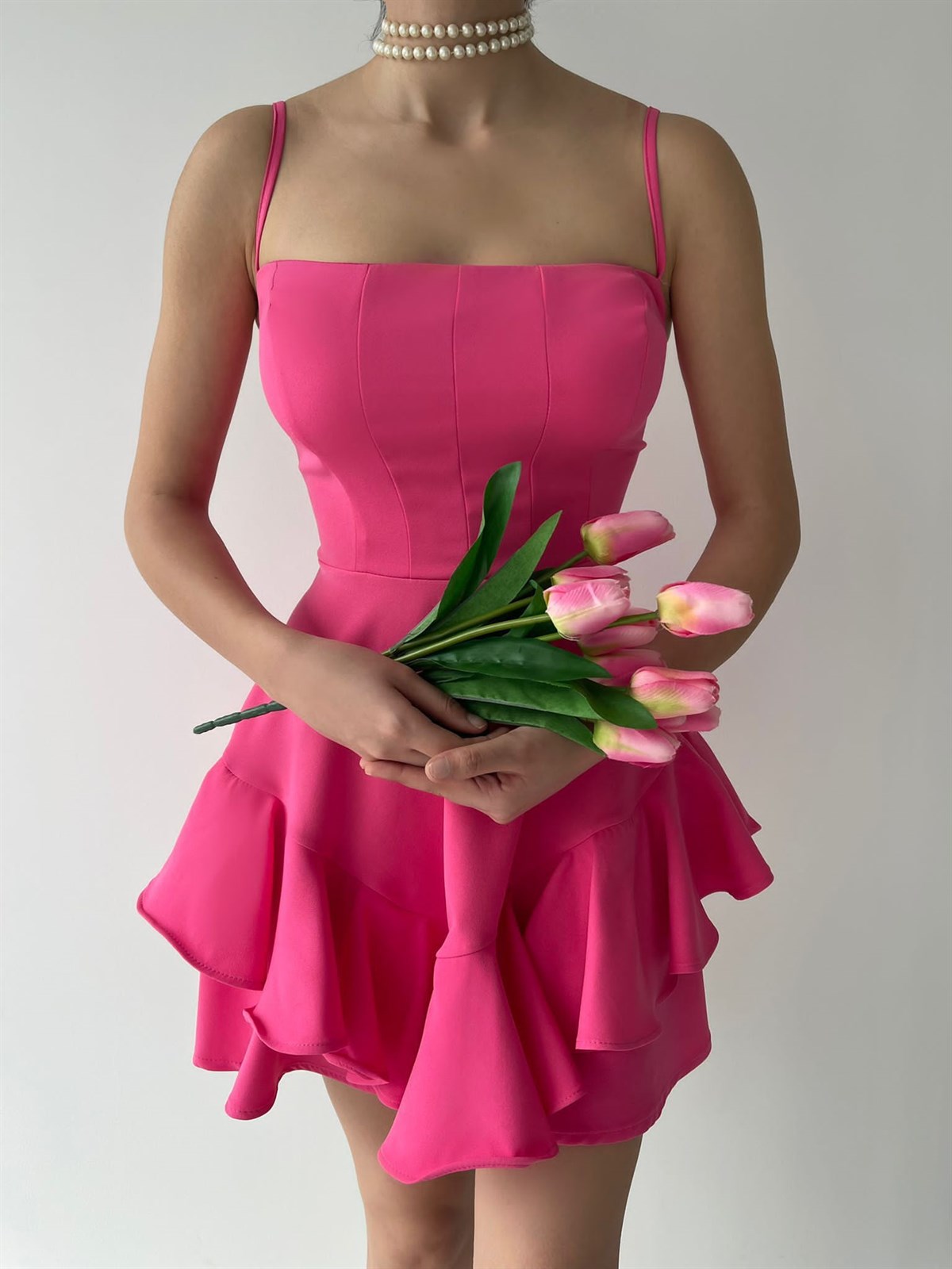 Askılı Etek Kat Kat Prenses Elbise - FUŞYA