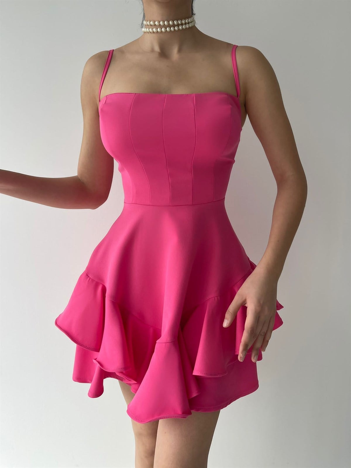 Askılı Etek Kat Kat Prenses Elbise - FUŞYA