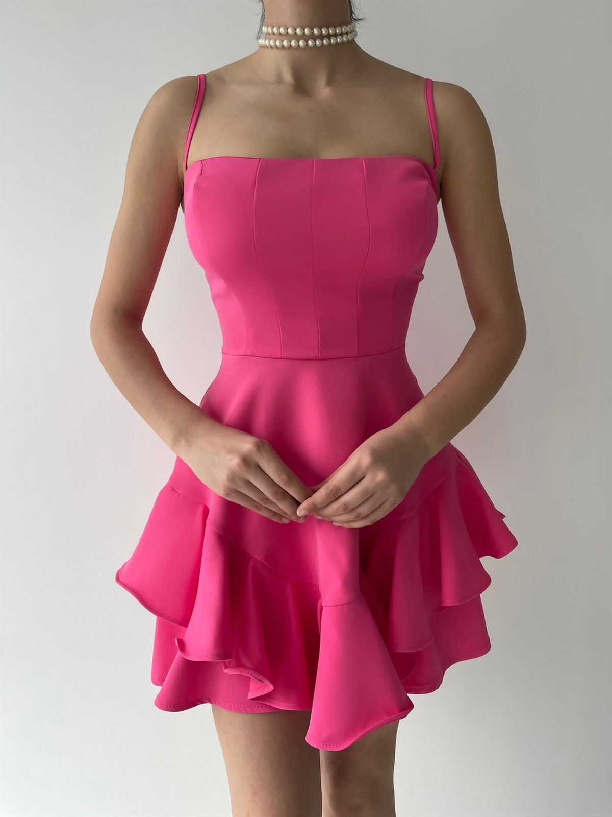 Askılı Etek Kat Kat Prenses Elbise - FUŞYA