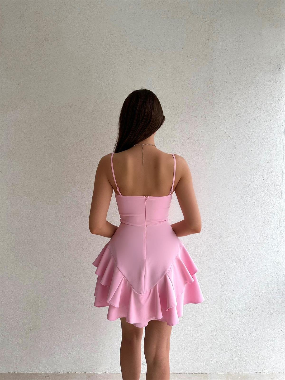 Askılı Etek Kat Kat Prenses Elbise - ŞEKER PEMBESİ