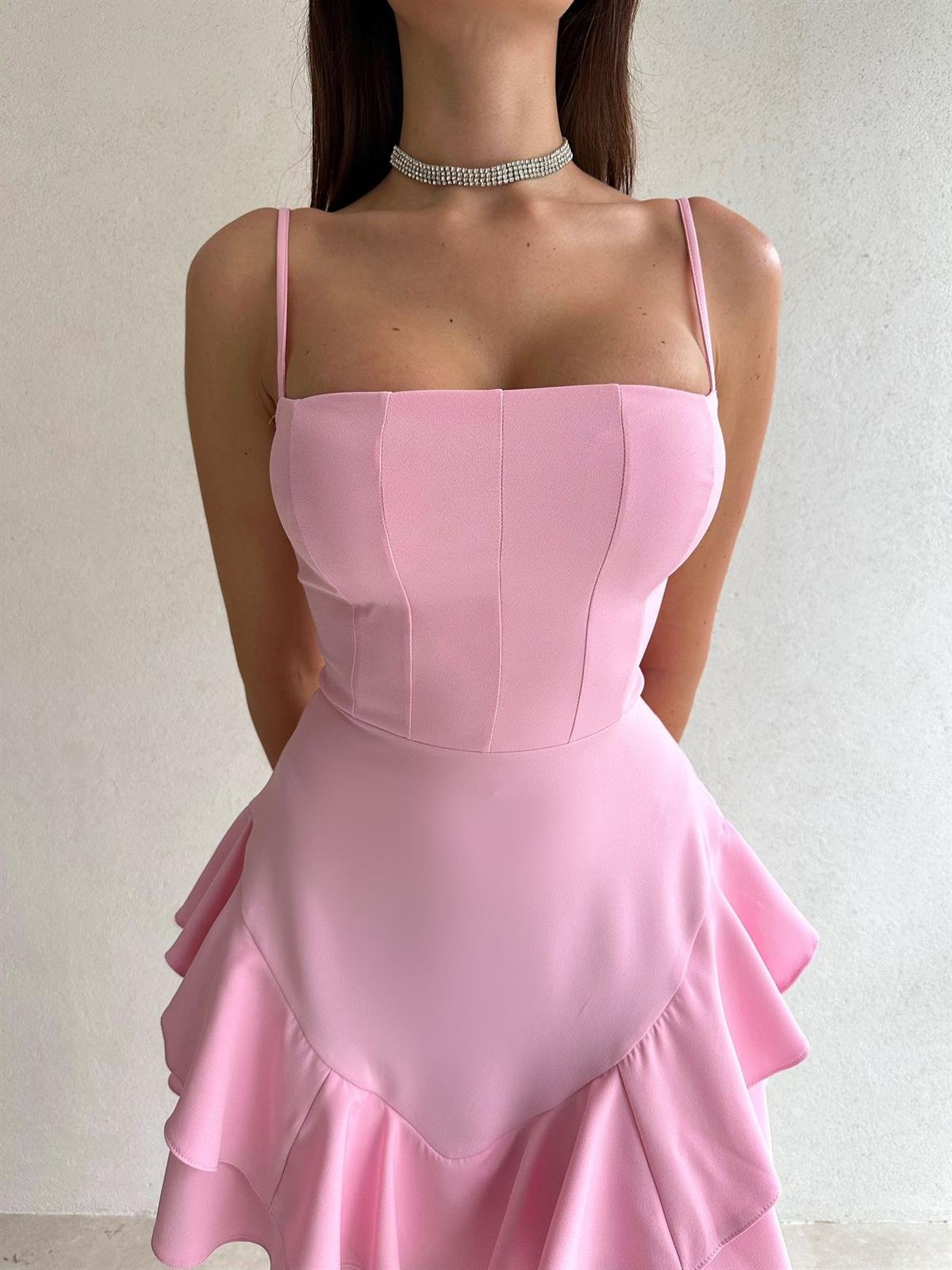 Askılı Etek Kat Kat Prenses Elbise - ŞEKER PEMBESİ