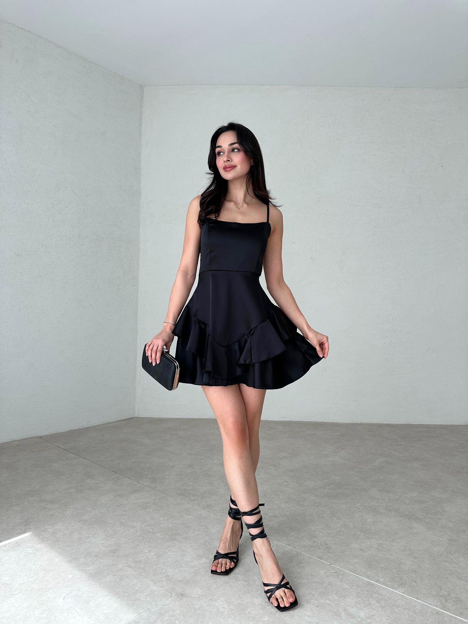 Askılı Etek Kat Kat Saten Prenses Elbise - SİYAH