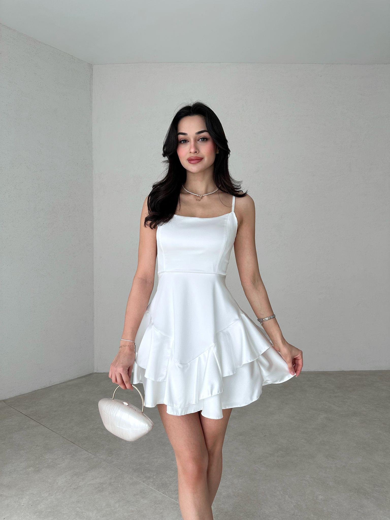 Askılı Etek Kat Kat Saten Prenses Elbise - BEYAZ