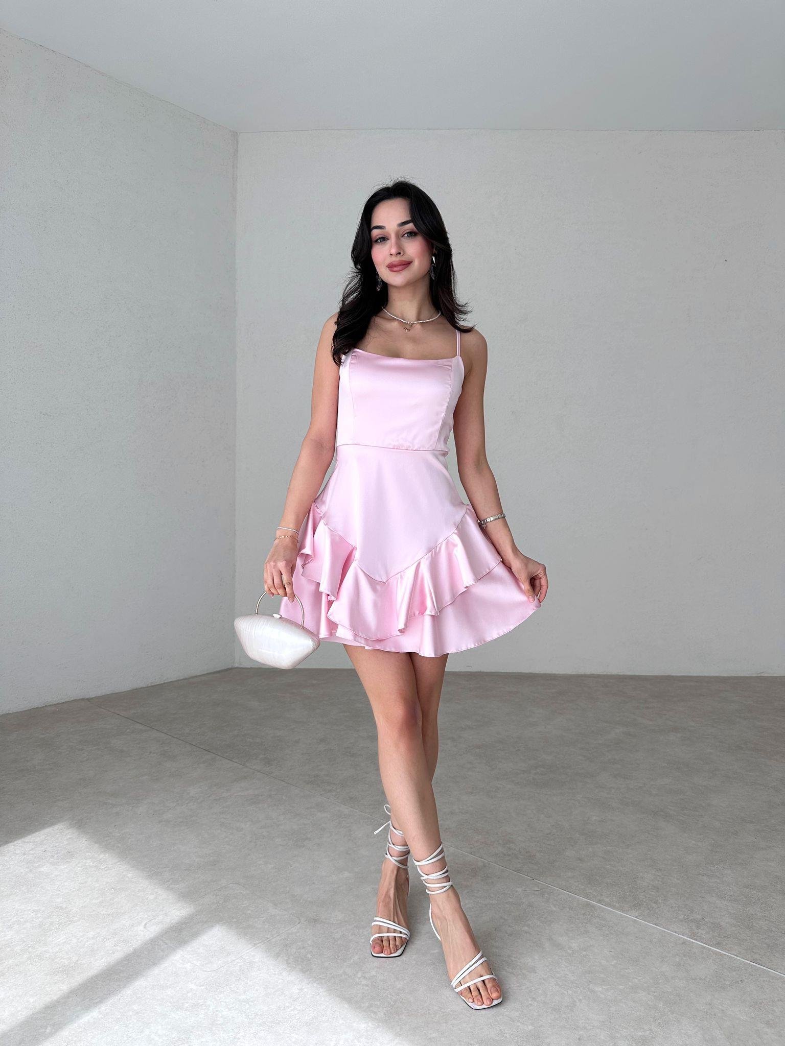 Askılı Etek Kat Kat Saten Prenses Elbise - AÇIK PEMBE