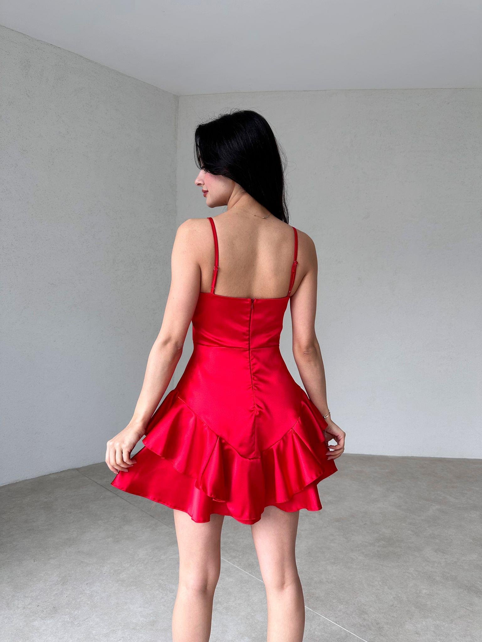 Askılı Etek Kat Kat Saten Prenses Elbise - KIRMIZI