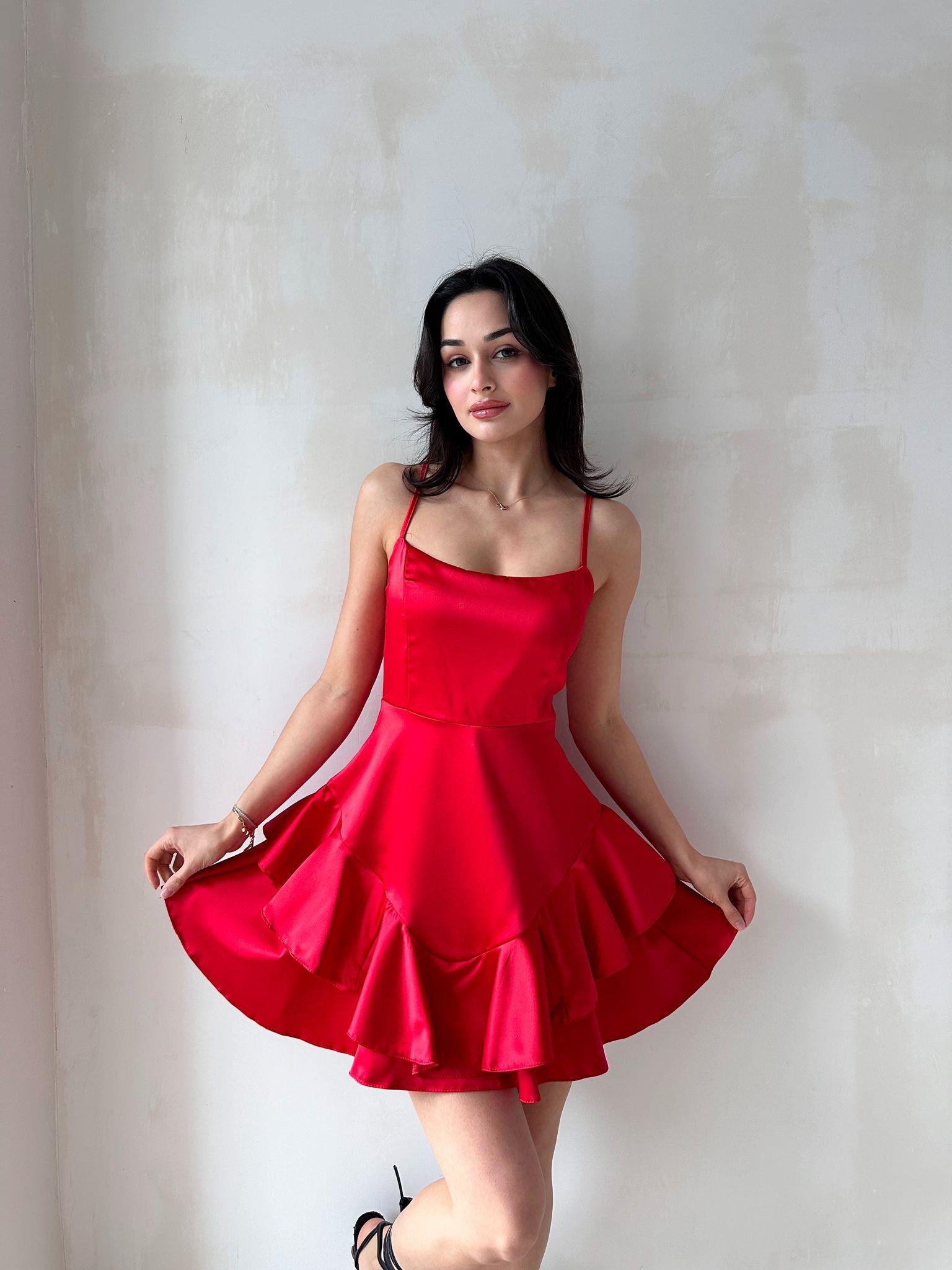 Askılı Etek Kat Kat Saten Prenses Elbise - KIRMIZI