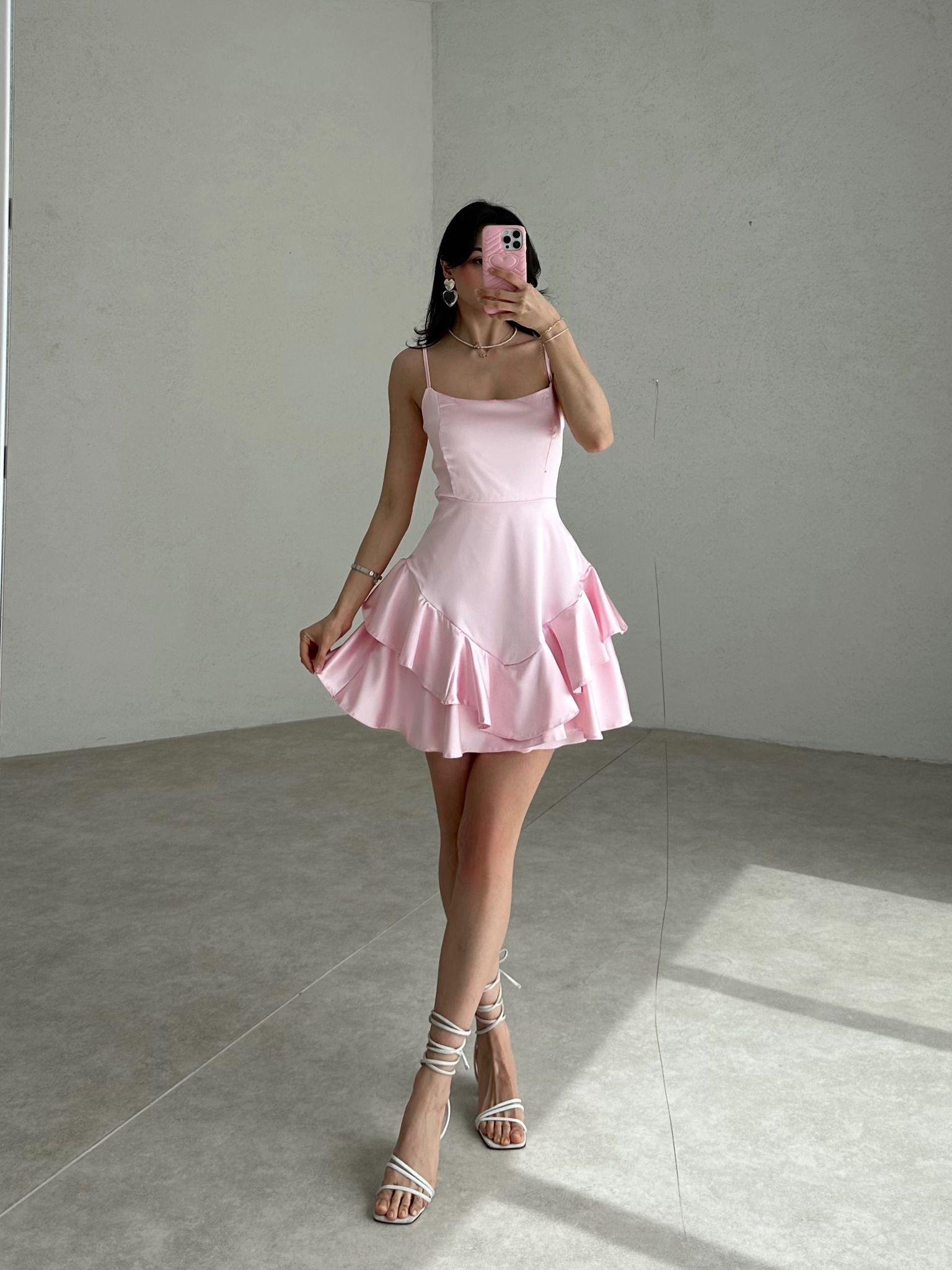 Askılı Etek Kat Kat Saten Prenses Elbise - AÇIK PEMBE