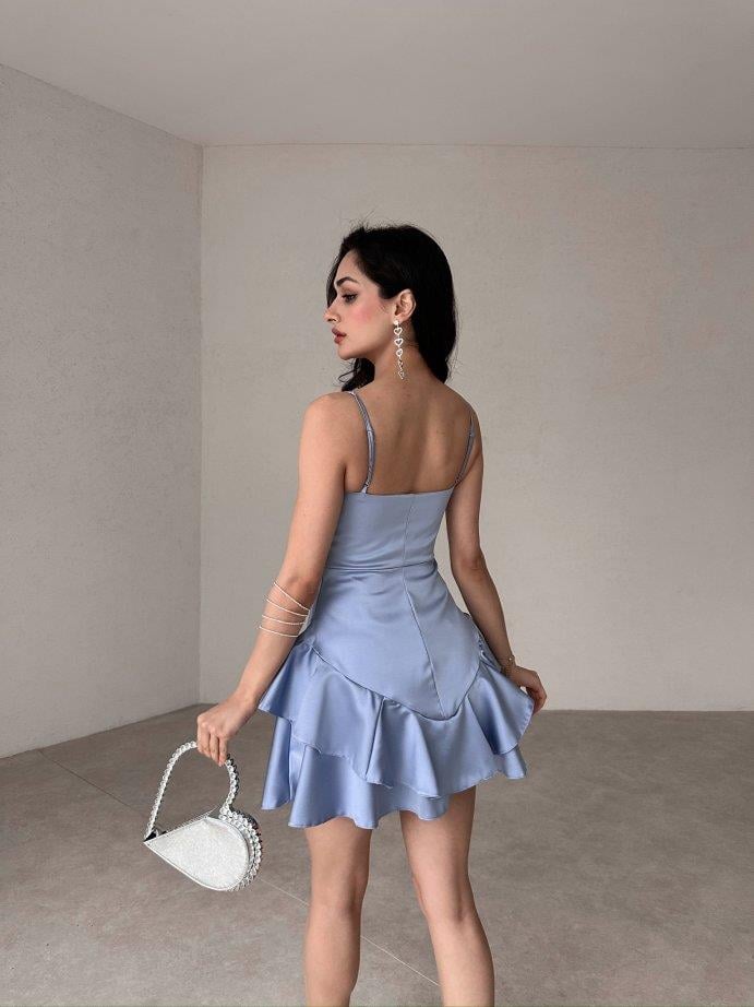 Askılı Etek Kat Kat Saten Prenses Elbise - MAVİ