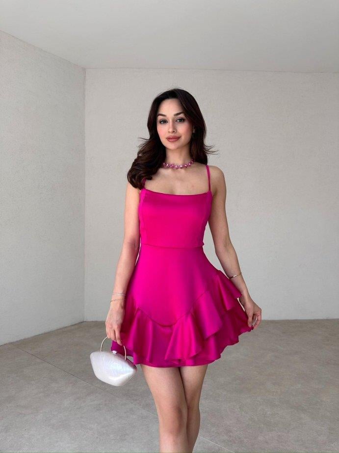 Askılı Etek Kat Kat Saten Prenses Elbise - FUŞYA