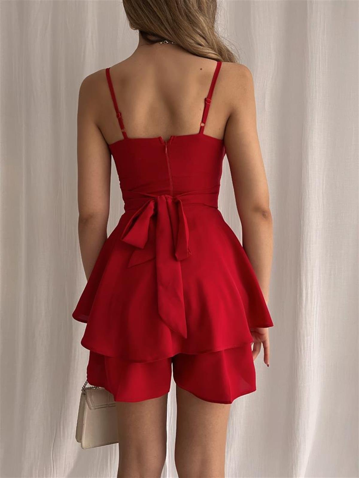 Askılı Etek Şortlu Tulum Elbise - KIRMIZI