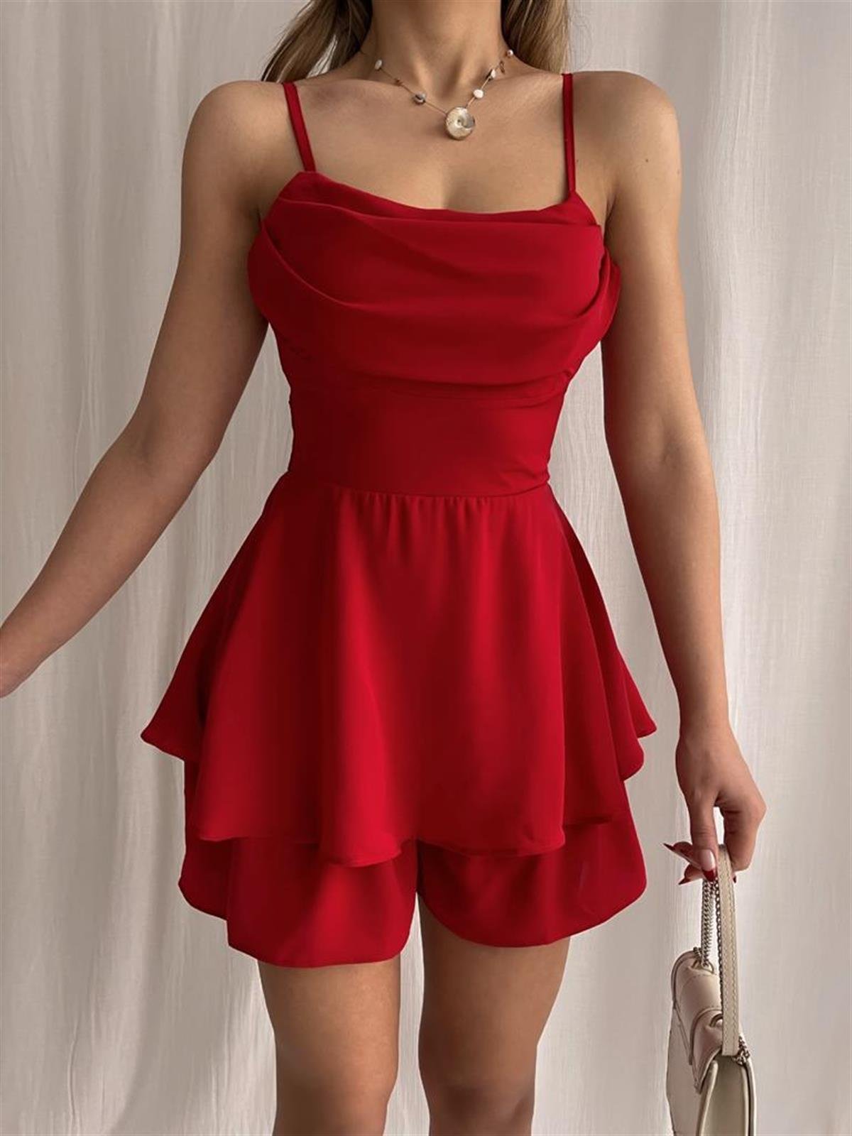 Askılı Etek Şortlu Tulum Elbise - KIRMIZI