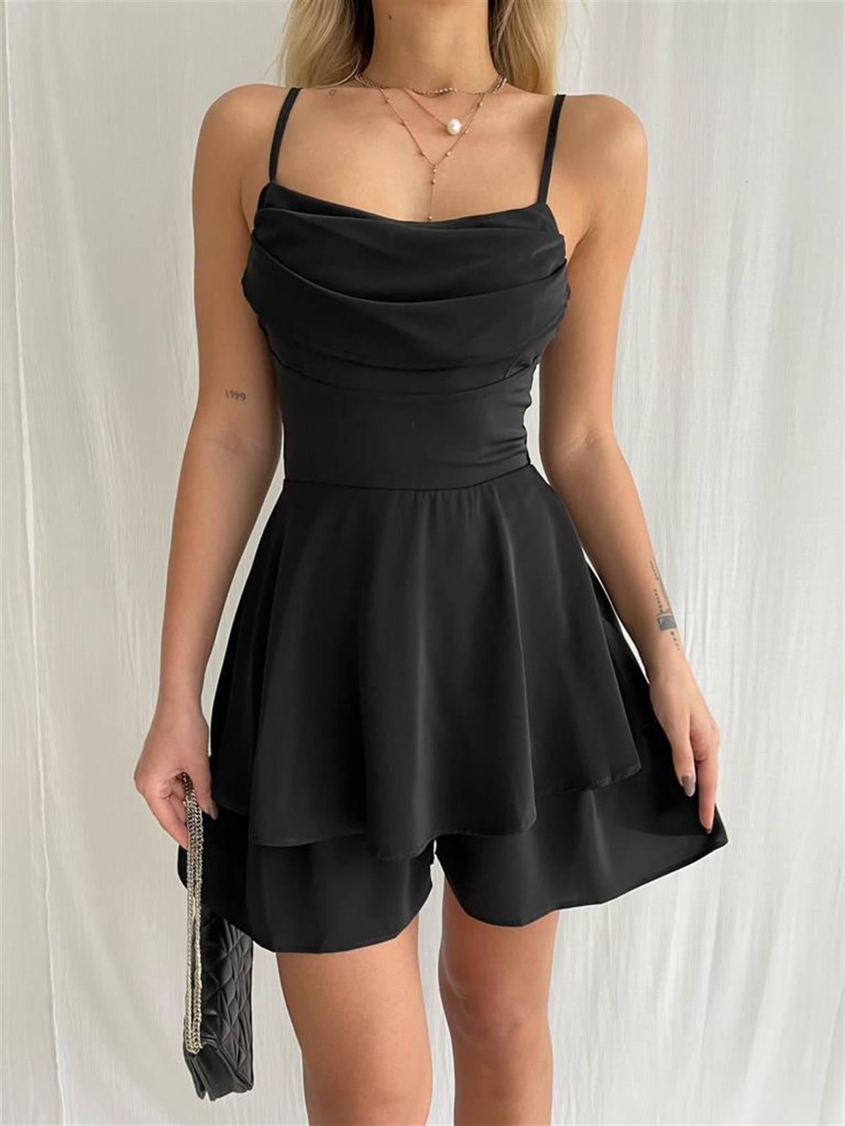 Askılı Etek Şortlu Tulum Elbise - SİYAH