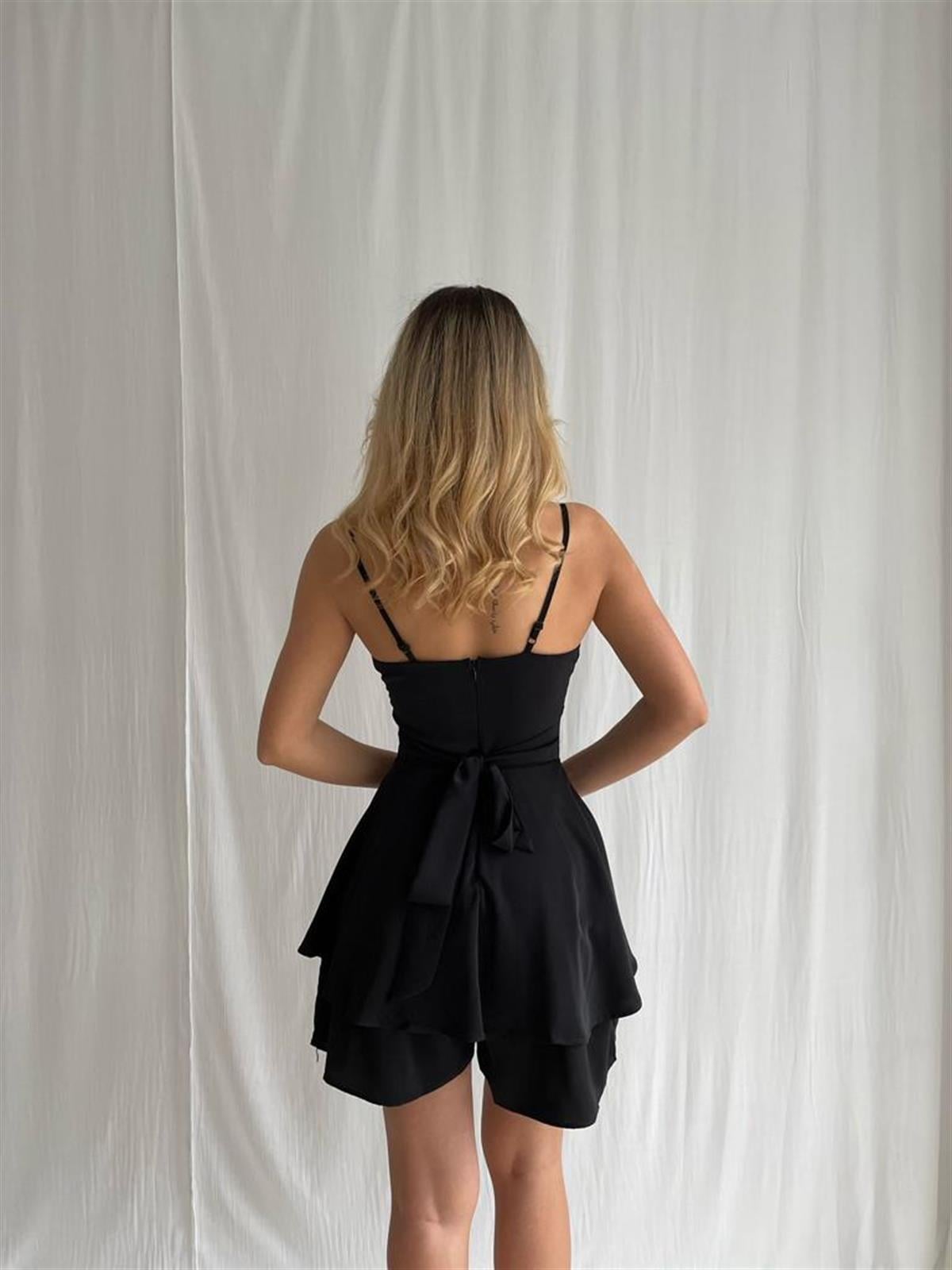 Askılı Etek Şortlu Tulum Elbise - SİYAH