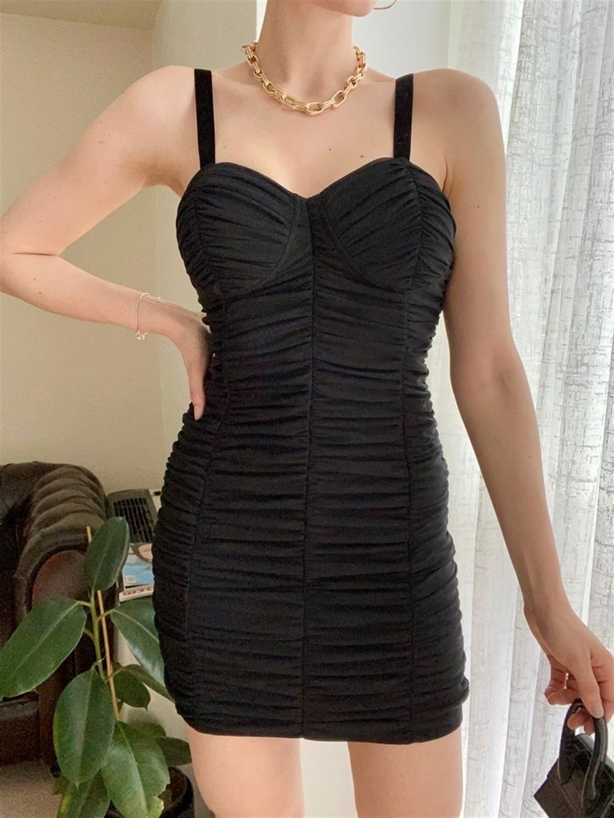 Askılı Full Drapeli Tül Detaylı Elbise - SİYAH