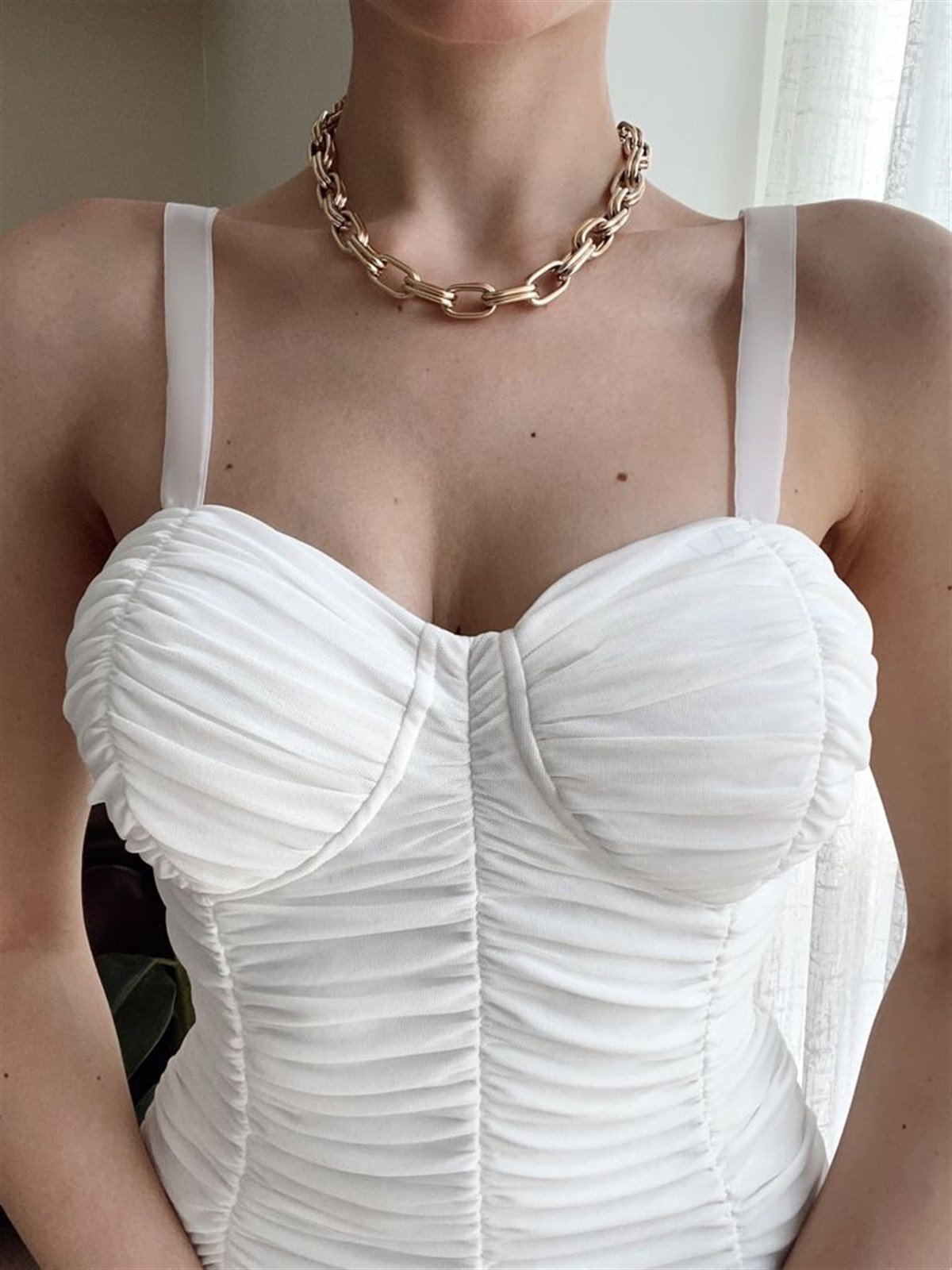 Askılı Full Drapeli Tül Detaylı Elbise - BEYAZ