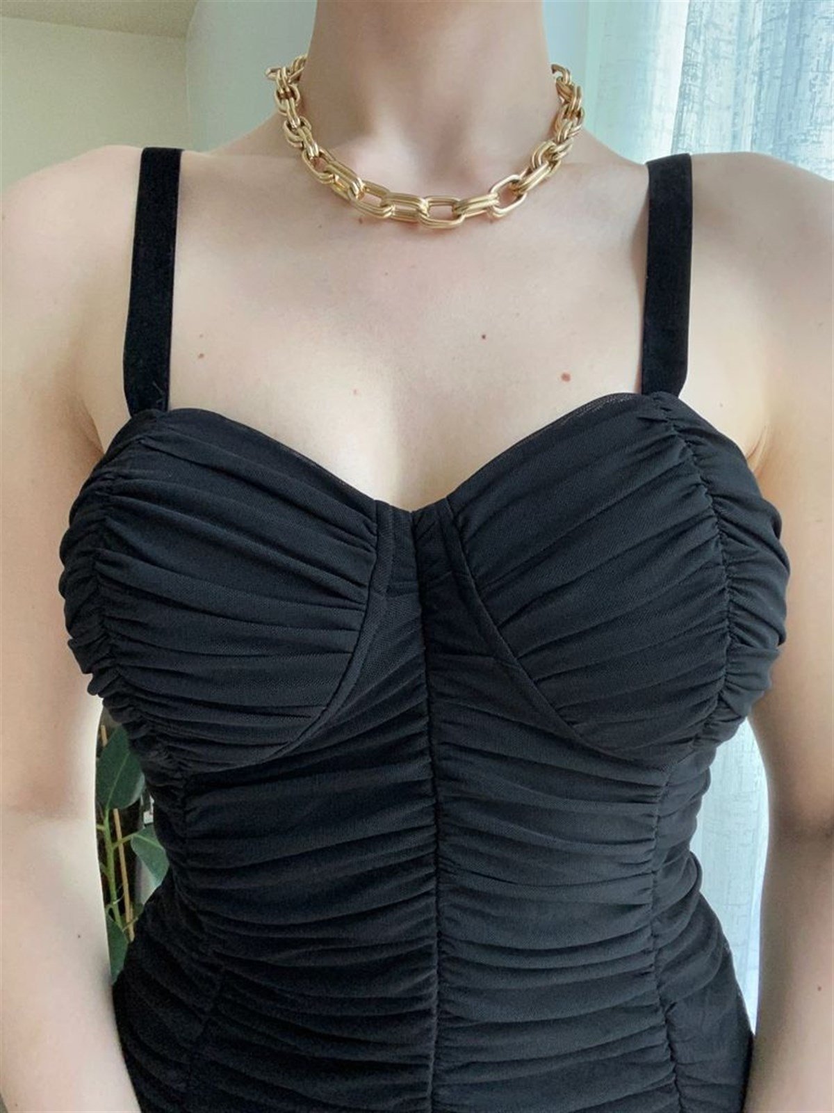 Askılı Full Drapeli Tül Detaylı Elbise - SİYAH