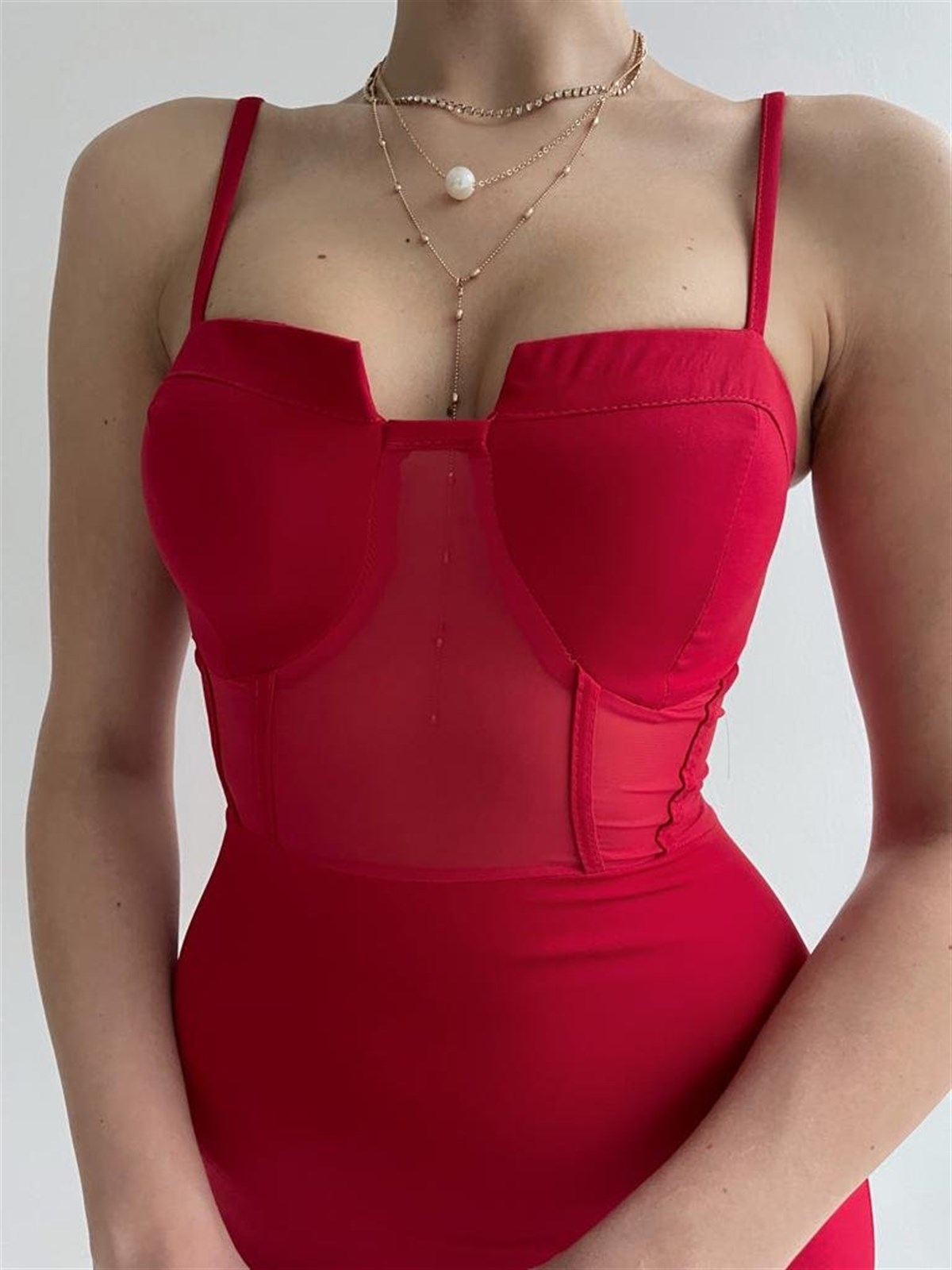 Askılı Tül Detay Elbise - KIRMIZI