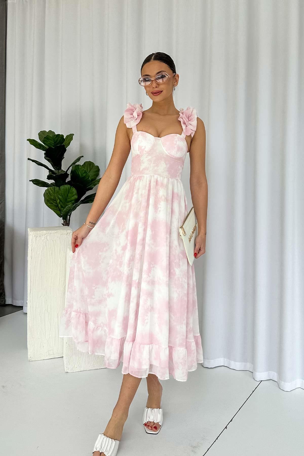 Askısı Fırfır Aksesuarlı Etek Ucu Volanlı Pembe Desenli Uzun Elbise