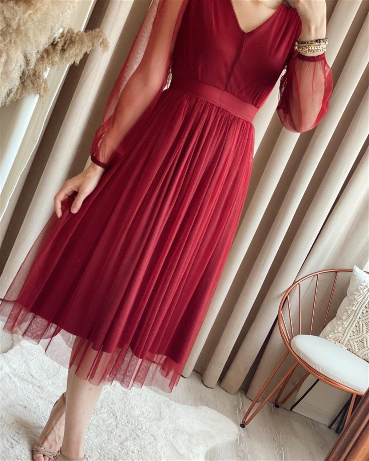 Astarlı Midiboy Tül Elbise - BORDO