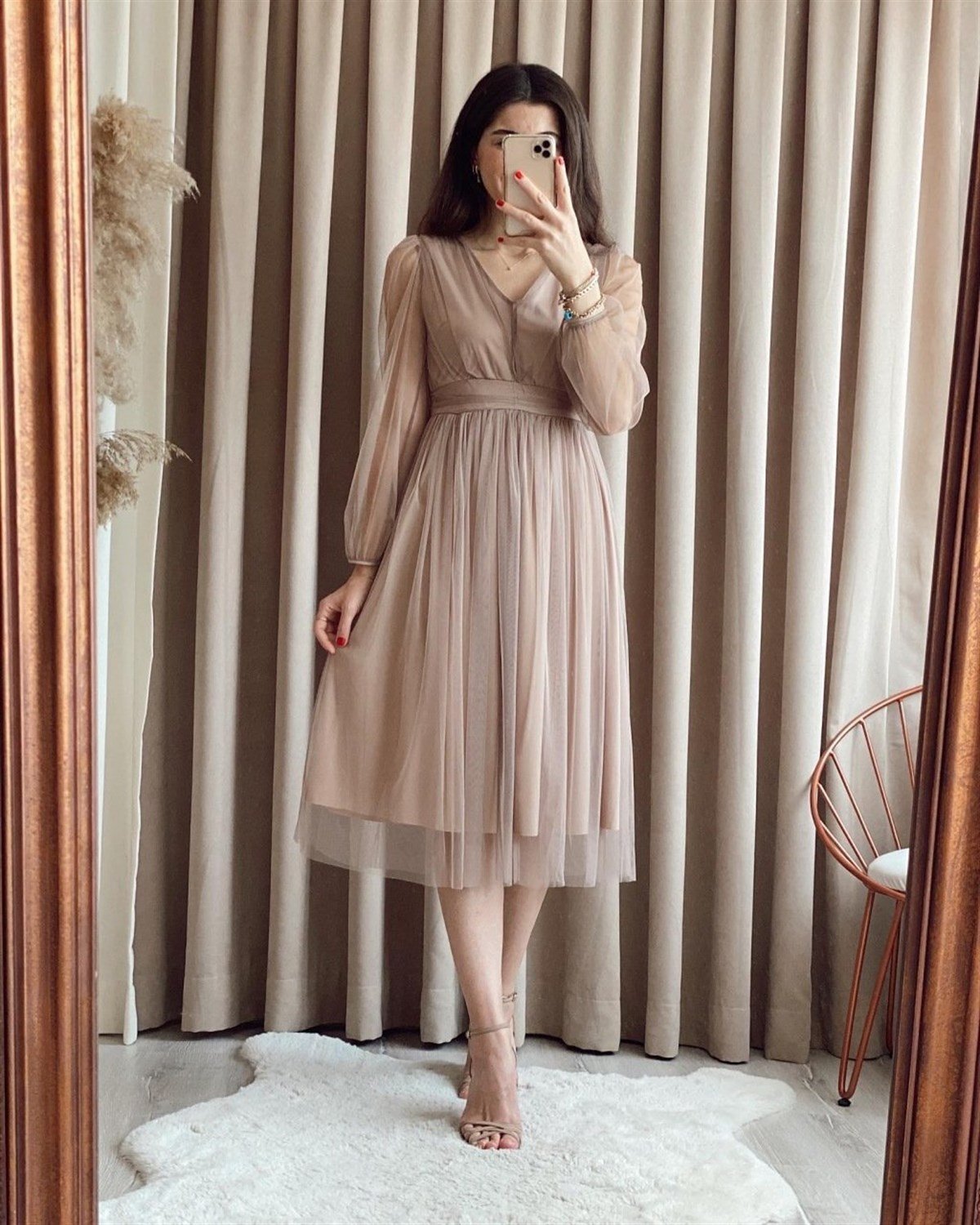 Astarlı Midiboy Tül Elbise - VİZON