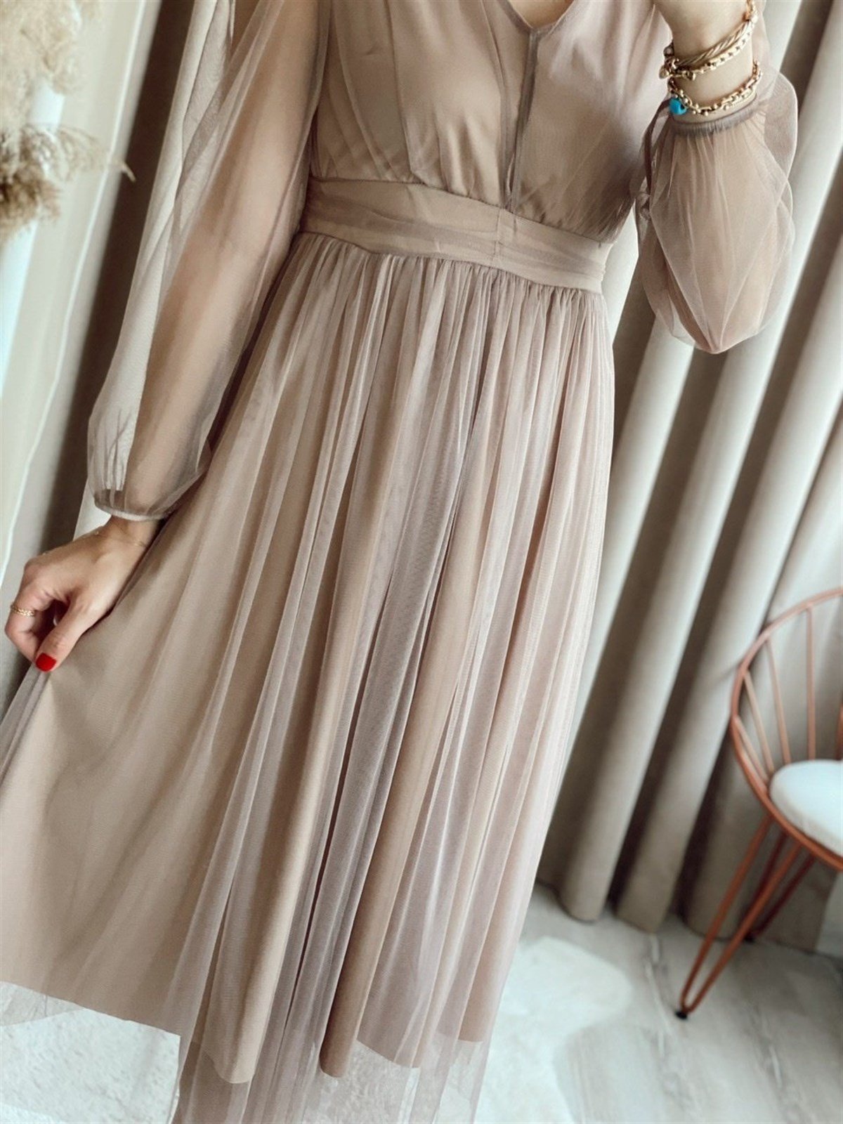 Astarlı Midiboy Tül Elbise - VİZON