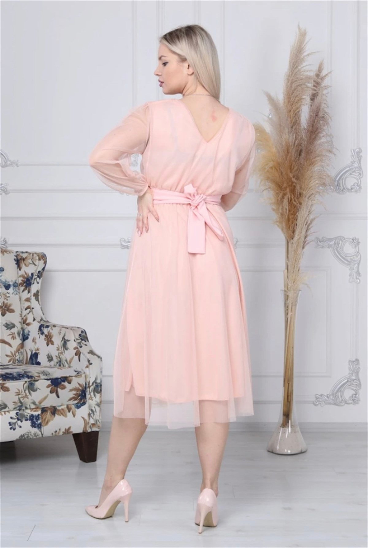 Astarlı Midiboy Tül Elbise - PUDRA RENK