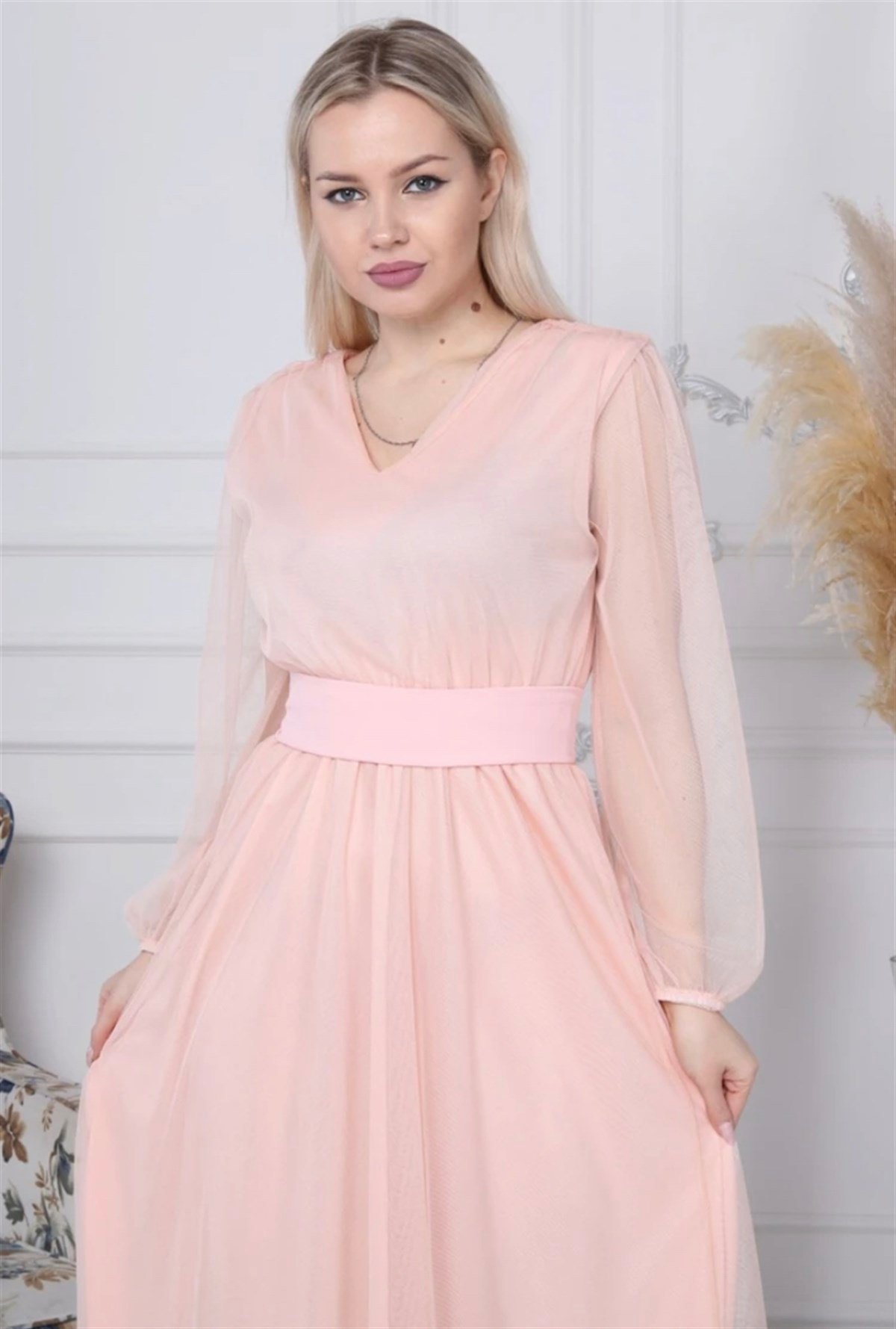 Astarlı Midiboy Tül Elbise - PUDRA RENK