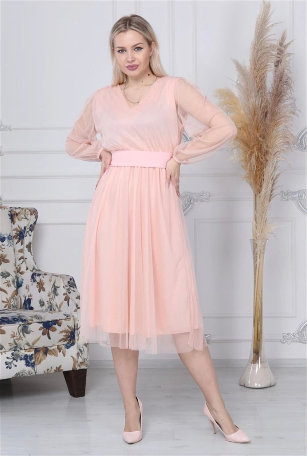 Astarlı Midiboy Tül Elbise - PUDRA RENK