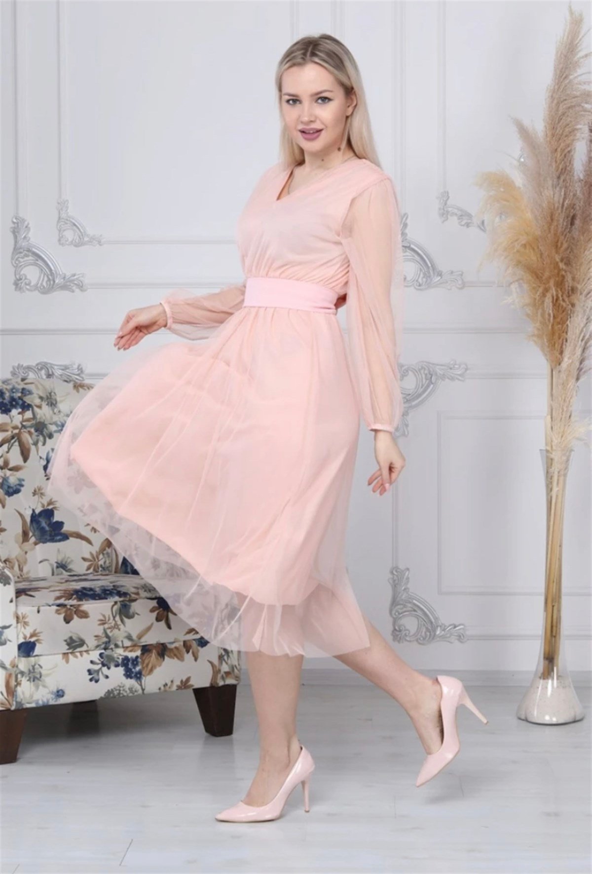 Astarlı Midiboy Tül Elbise - PUDRA RENK