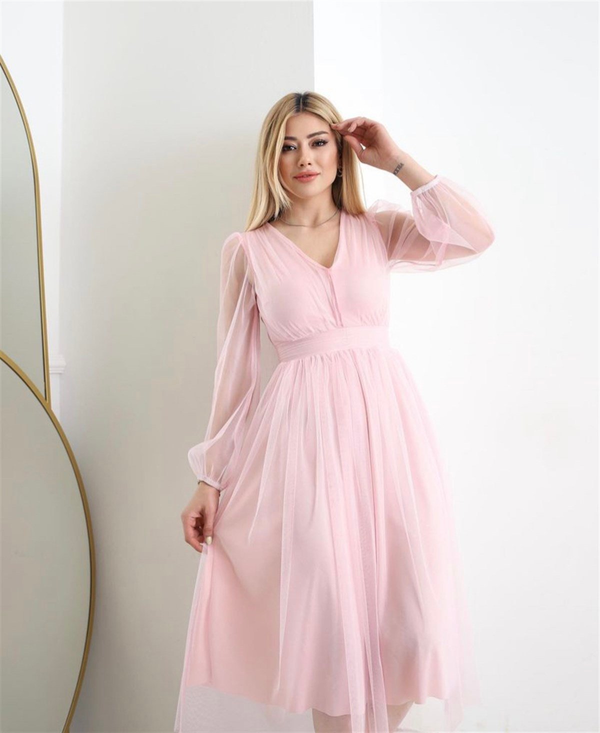 Astarlı Midiboy Tül Elbise - ŞEKER PEMBE
