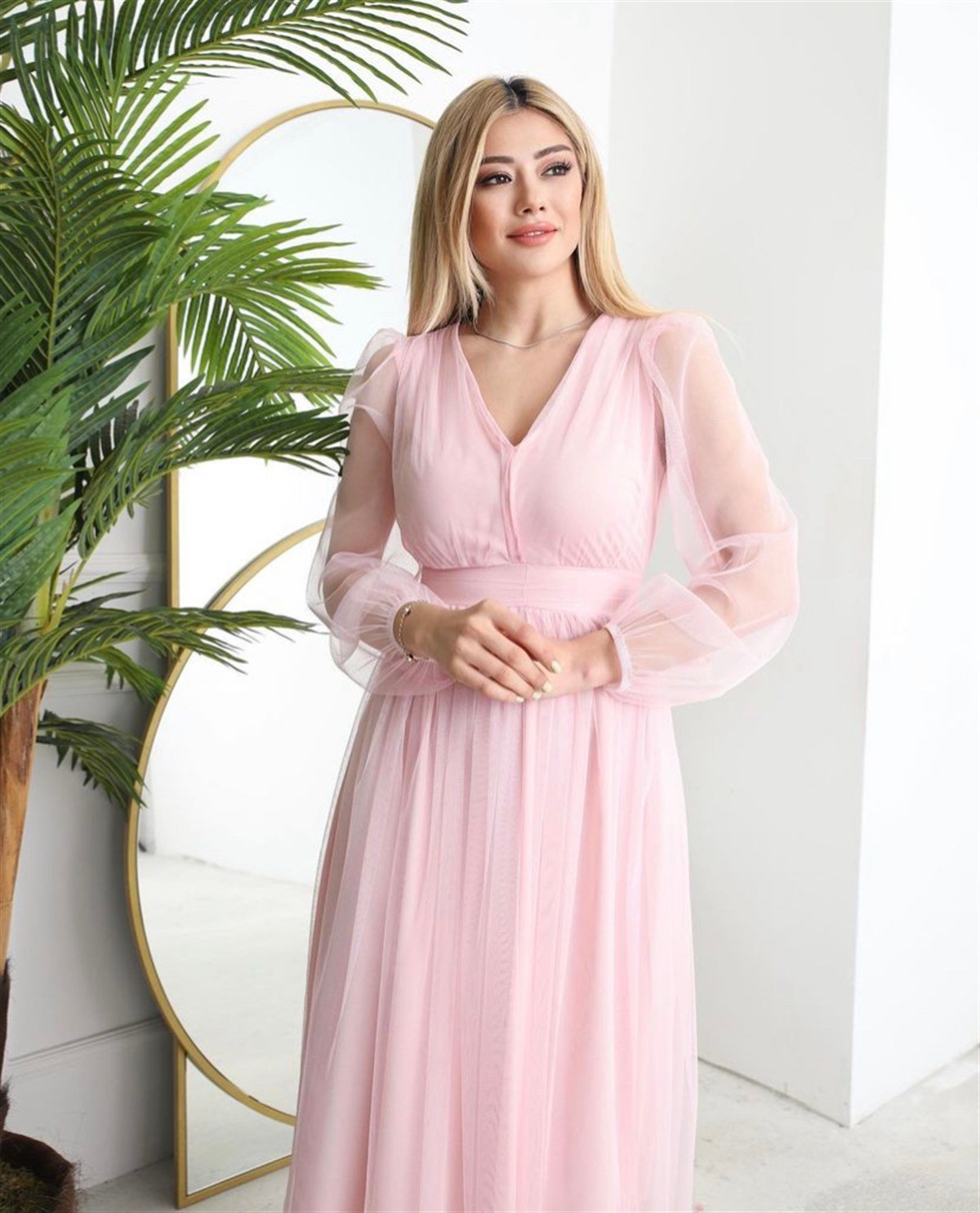 Astarlı Midiboy Tül Elbise - ŞEKER PEMBE