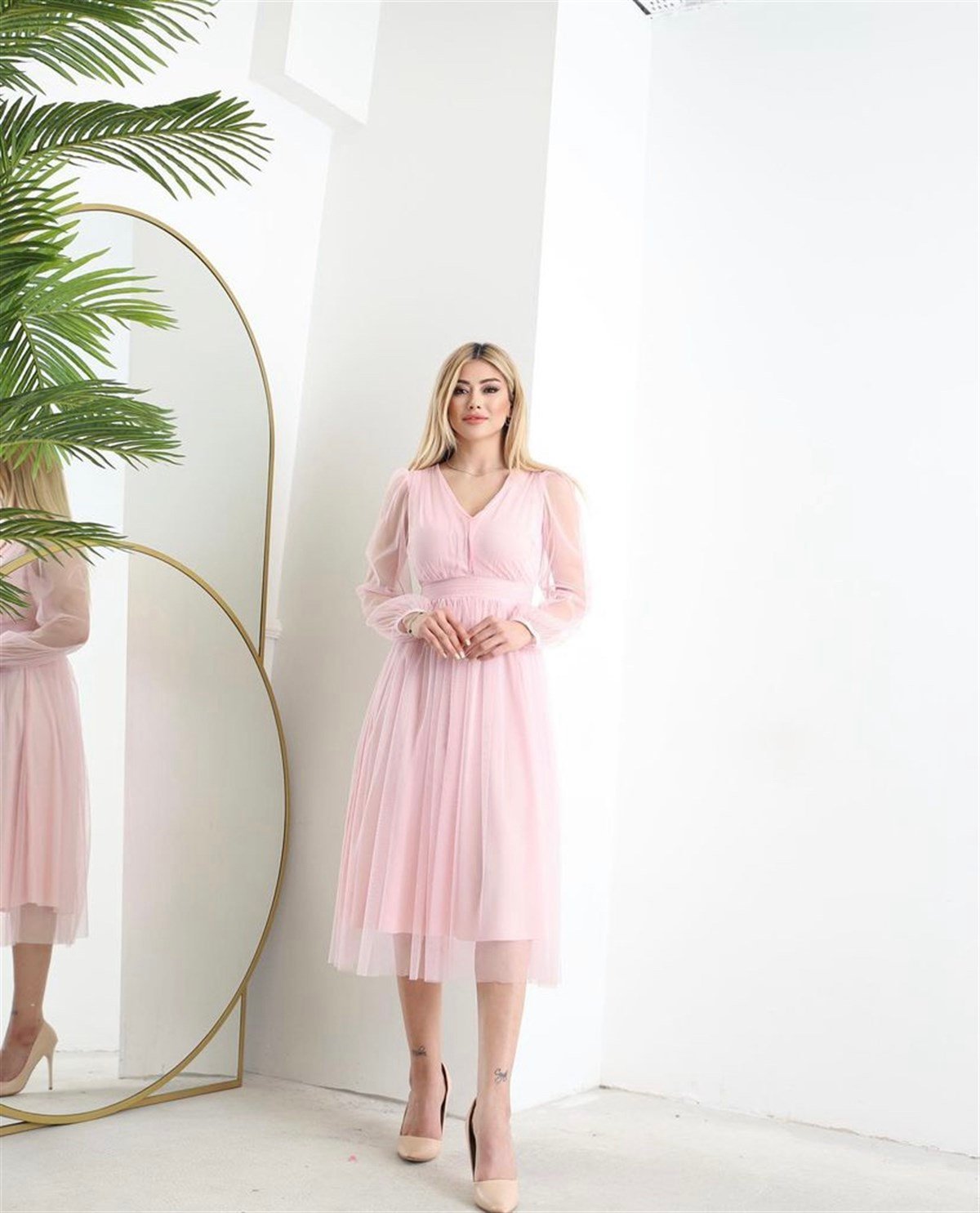 Astarlı Midiboy Tül Elbise - ŞEKER PEMBE