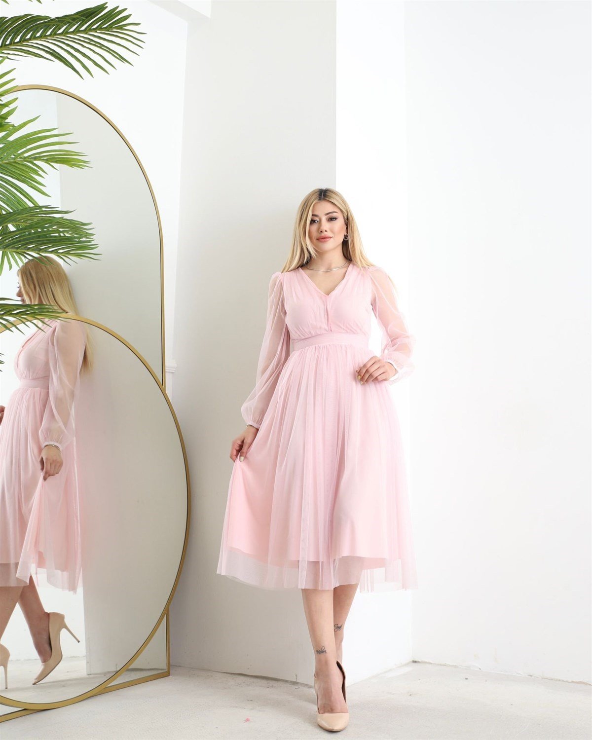 Astarlı Midiboy Tül Elbise - ŞEKER PEMBE