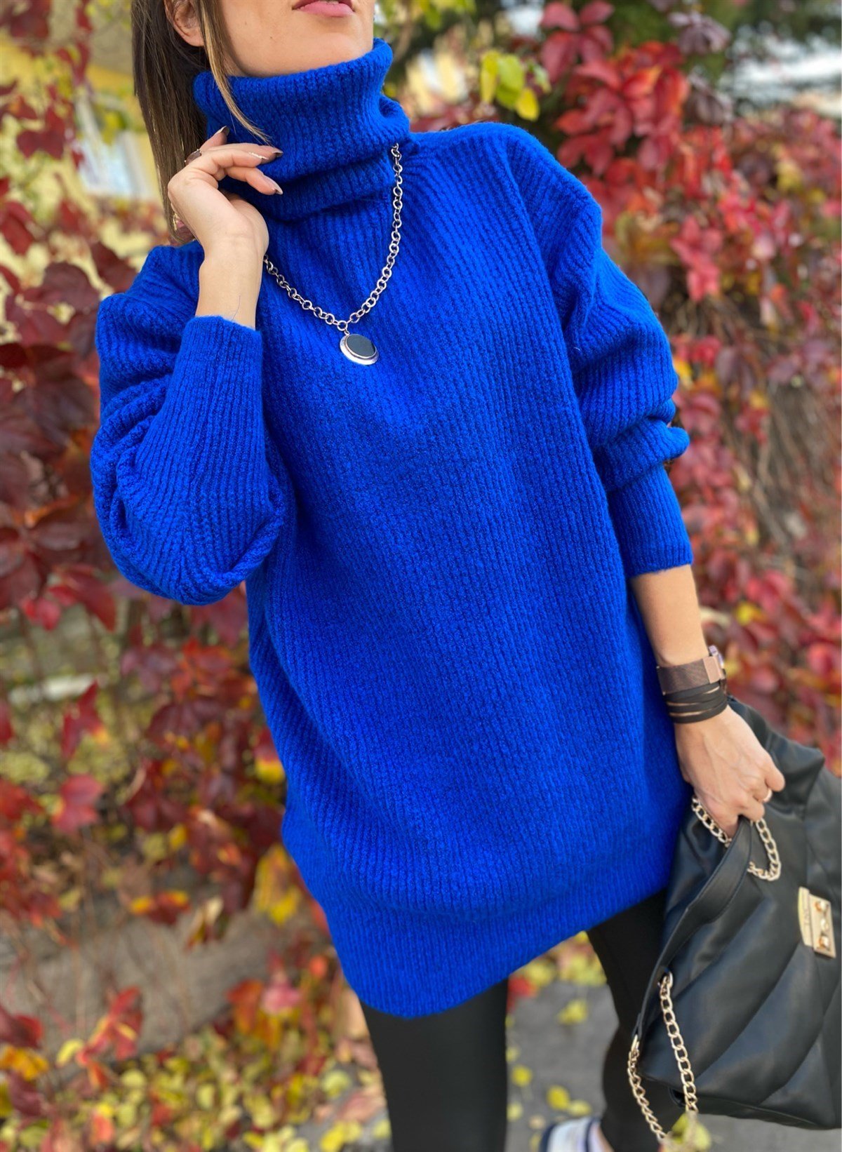 Balıkçı Yaka Nervürlü Örgü Tunik Kazak - SAKS MAVİ