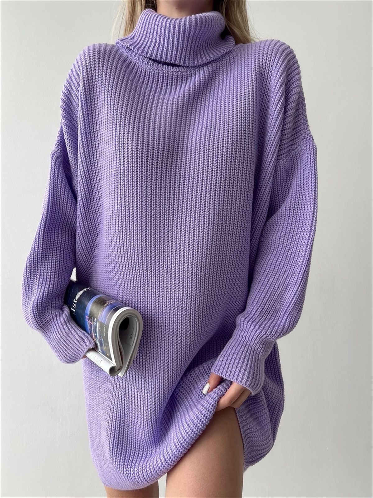 Balıkçı Yaka Nervürlü Örgü Tunik Kazak - LİLA 