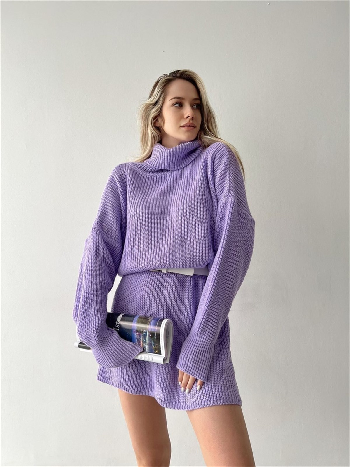 Balıkçı Yaka Nervürlü Örgü Tunik Kazak - LİLA 
