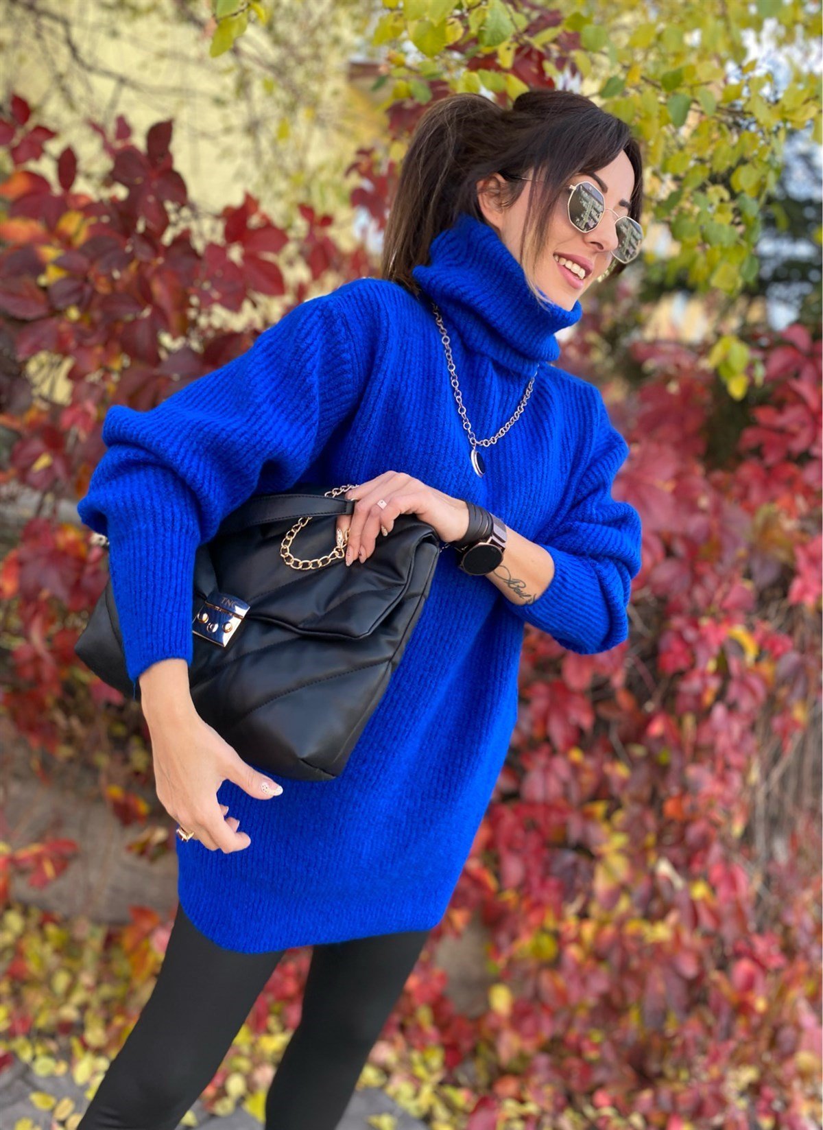 Balıkçı Yaka Nervürlü Örgü Tunik Kazak - SAKS MAVİ