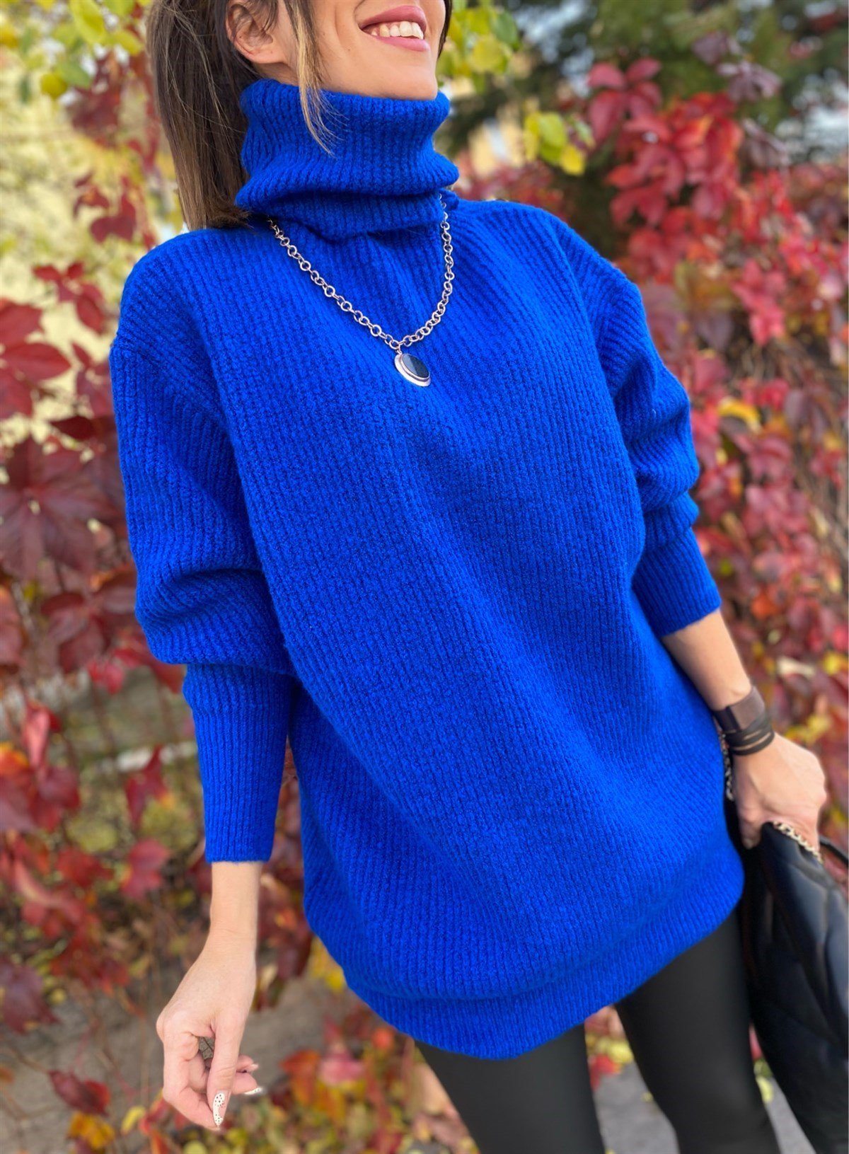 Balıkçı Yaka Nervürlü Örgü Tunik Kazak - SAKS MAVİ