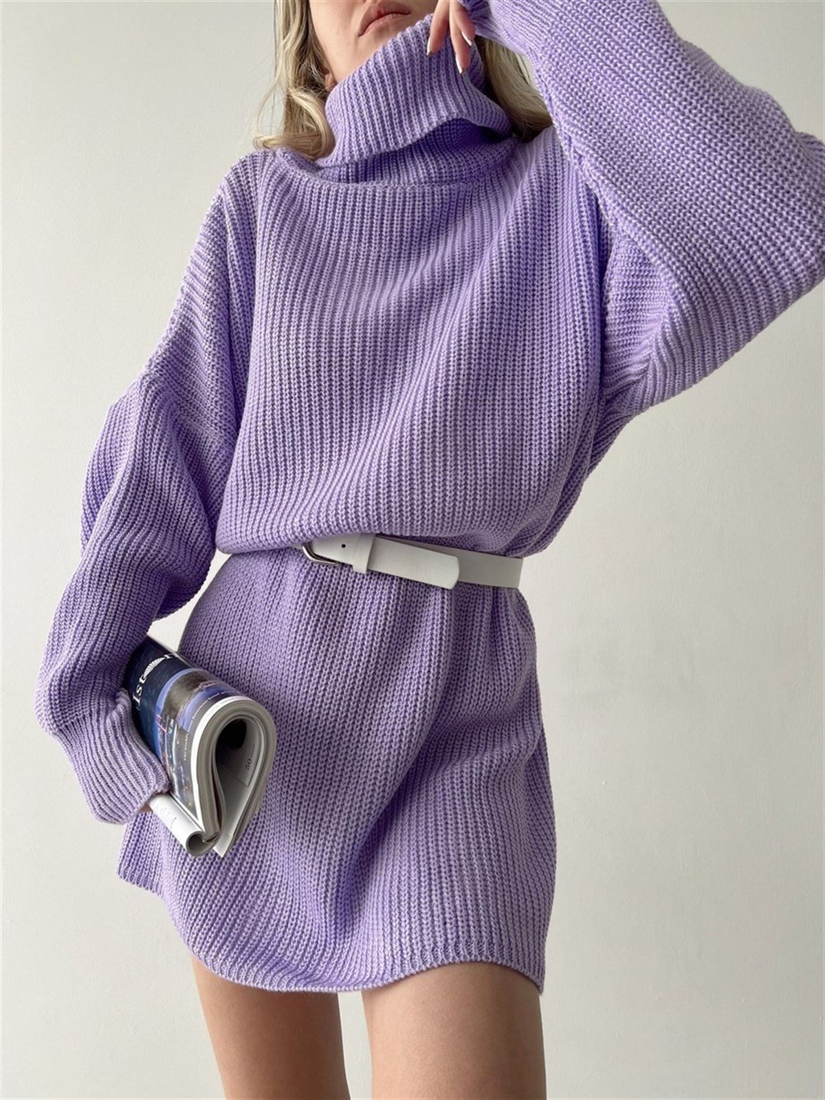 Balıkçı Yaka Nervürlü Örgü Tunik Kazak - LİLA 