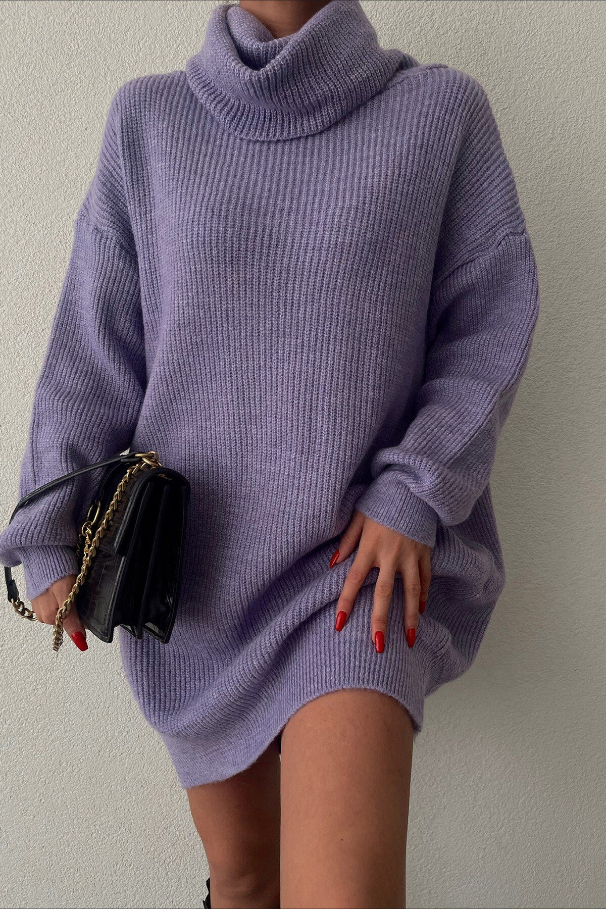 Balıkçı Yaka Nervürlü Örgü Tunik Kazak - LİLA 