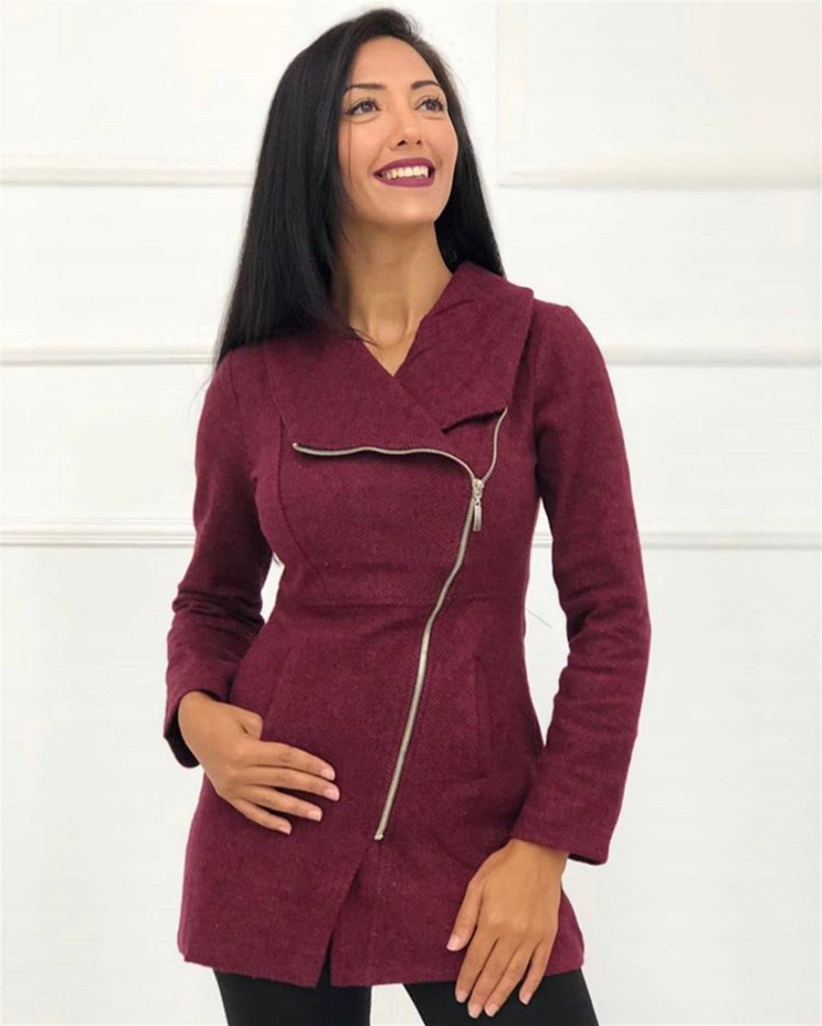 Balıksırtı Desenli Ceket - BORDO