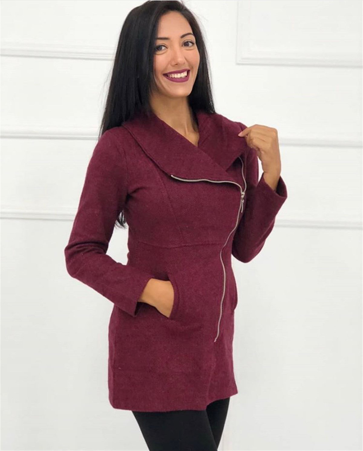 Balıksırtı Desenli Ceket - BORDO