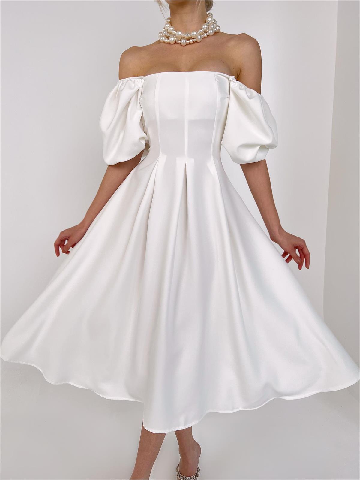 Balon Kol Kare Yaka Belden Oturtmalı Kadın Midi Elbise - BEYAZ