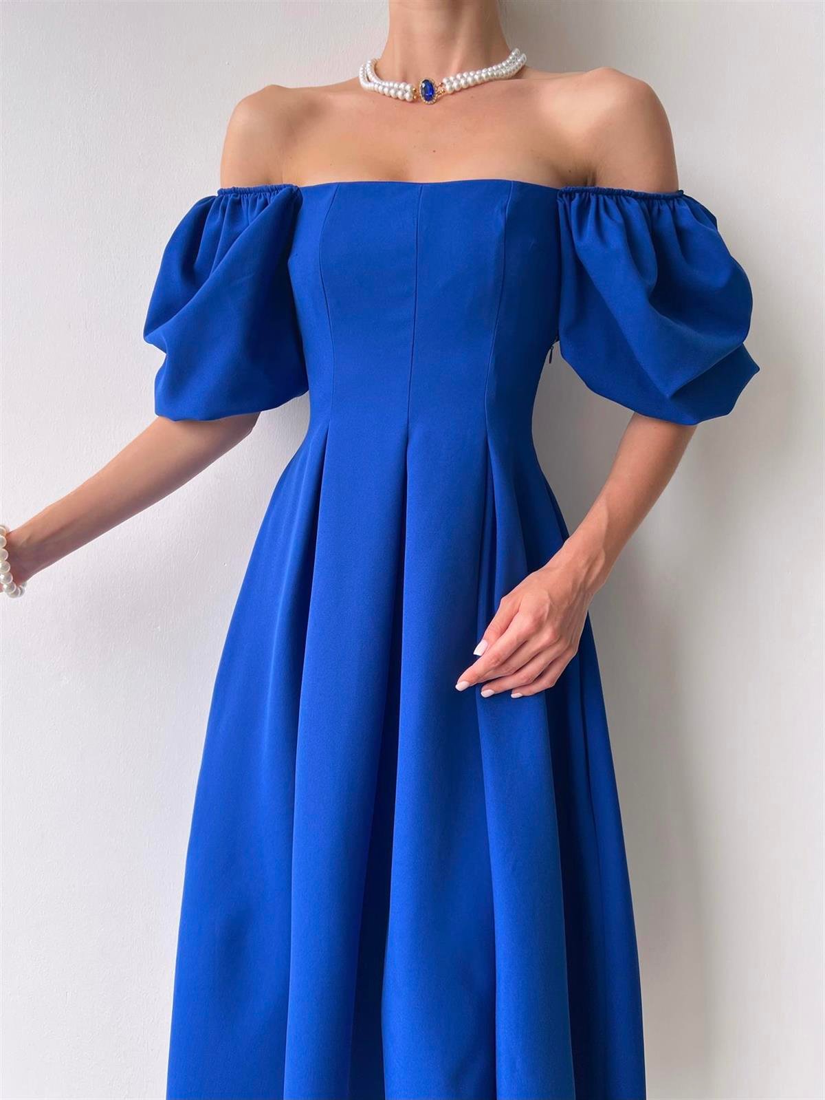 Balon Kol Kare Yaka Belden Oturtmalı Kadın Midi Elbise - SAKS MAVİ