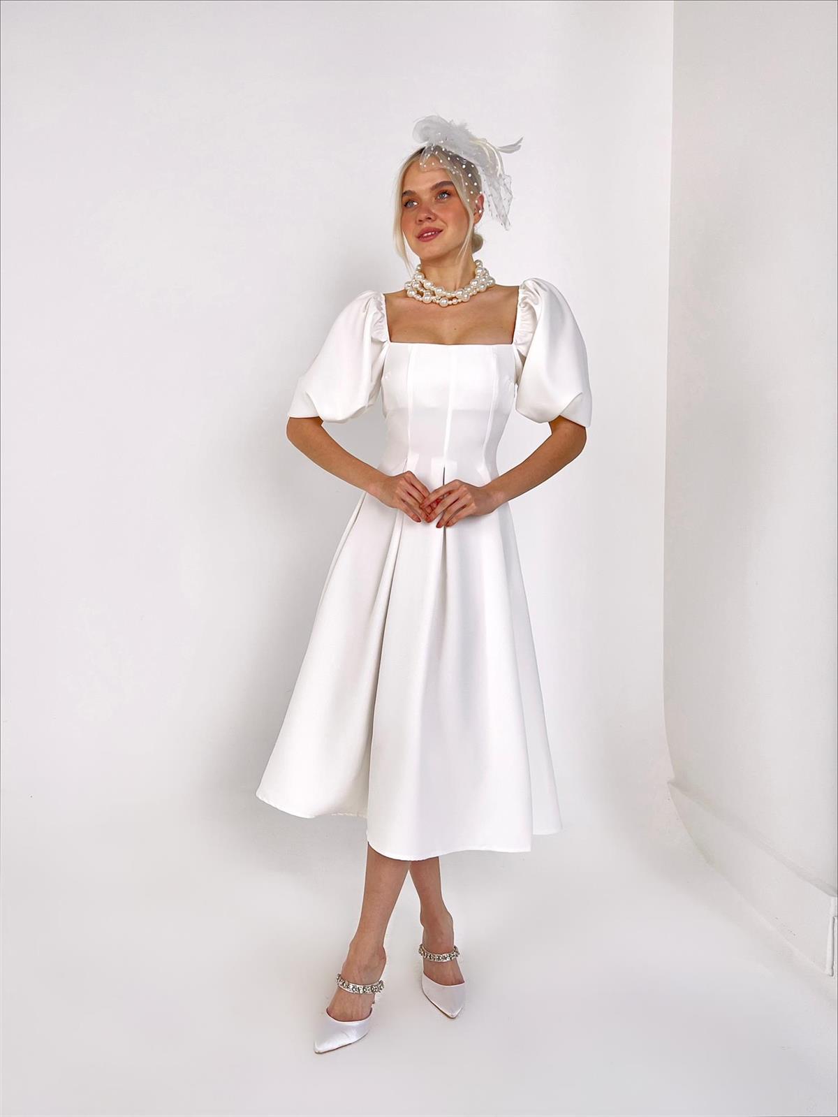 Balon Kol Kare Yaka Belden Oturtmalı Kadın Midi Elbise - BEYAZ