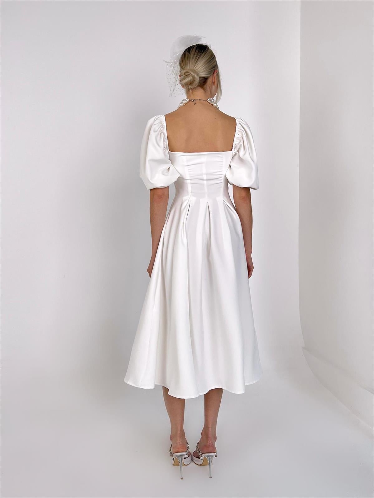 Balon Kol Kare Yaka Belden Oturtmalı Kadın Midi Elbise - BEYAZ