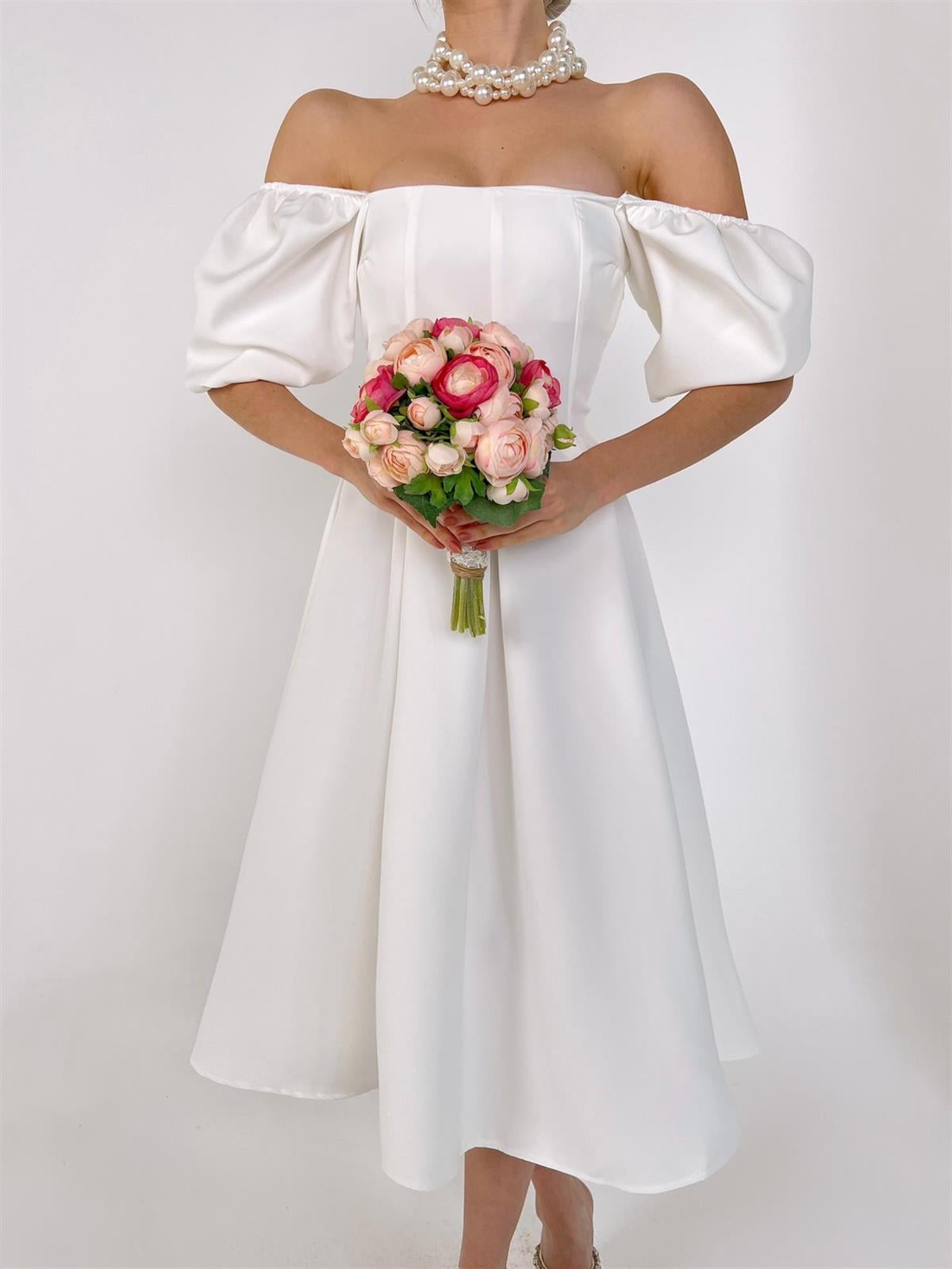 Balon Kol Kare Yaka Belden Oturtmalı Kadın Midi Elbise - BEYAZ