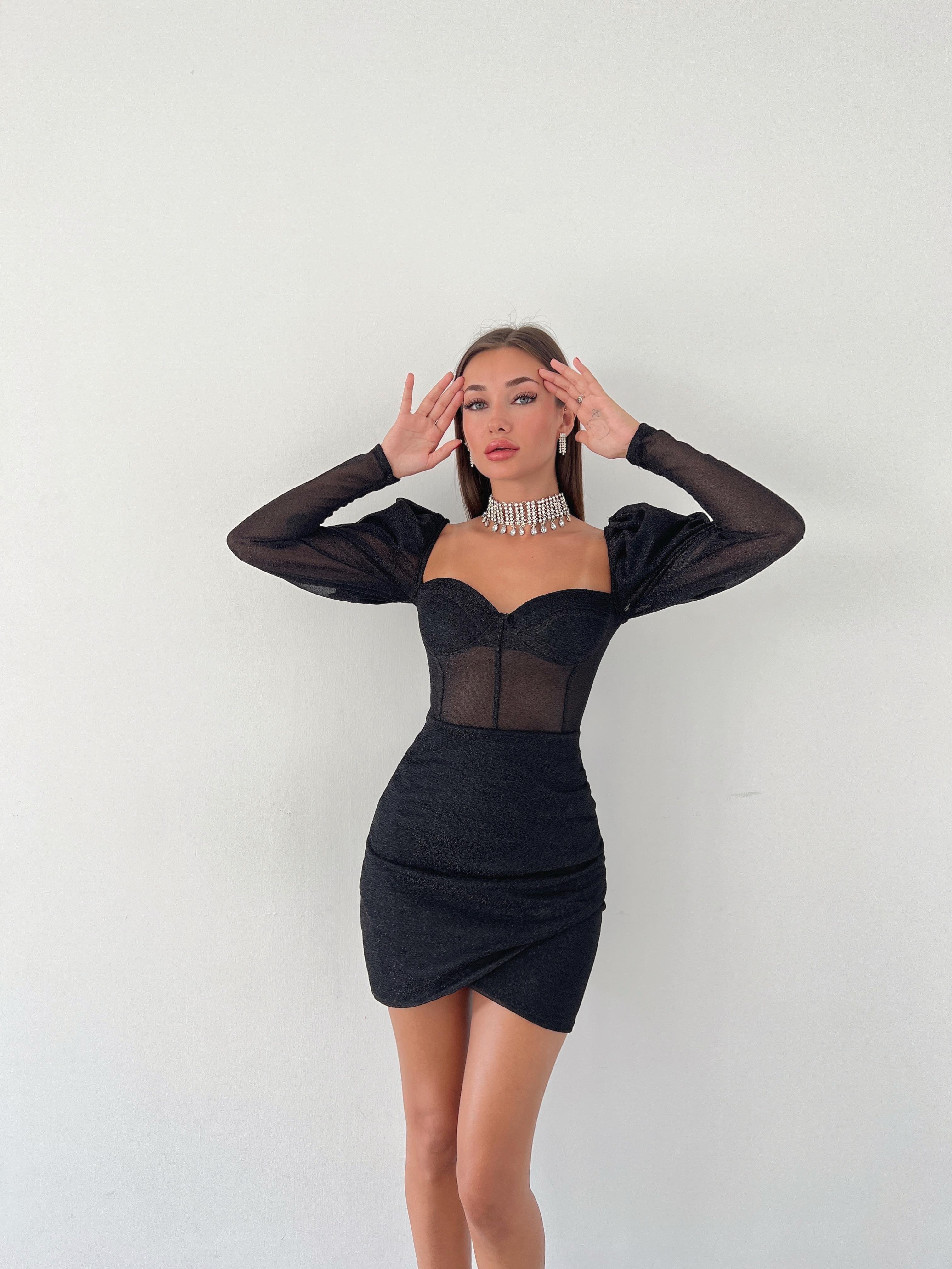 Balon Tül Kol Korse Görünümlü Eteği Kruvaze Mini Elbise - SİYAH